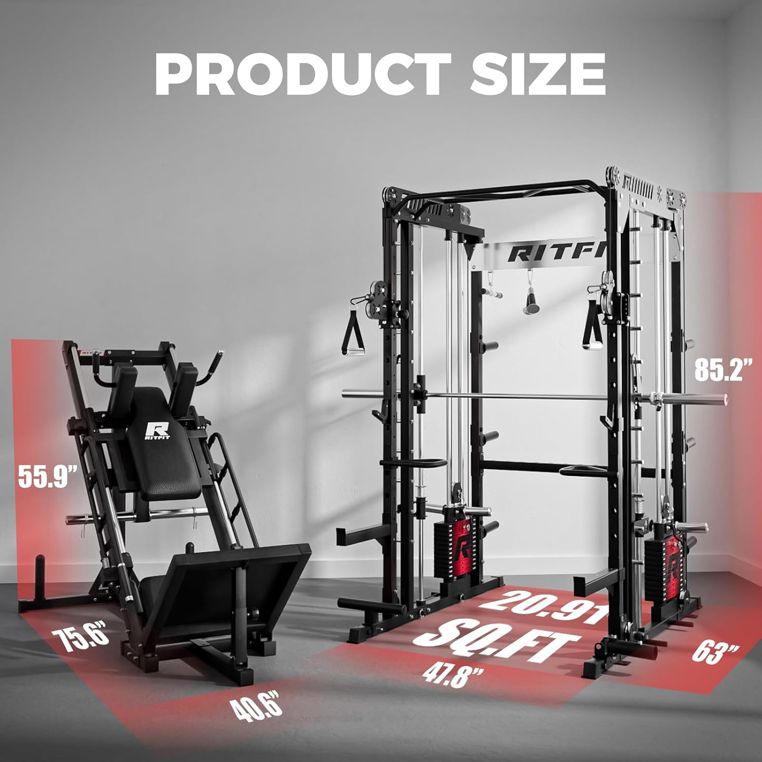 image:imageRitFit M1 Pro Smith Machine Package AllinOne Power Cage with Weight Stack Set Includes LAT Pulldown amp Cable Crossover System for Home GymBlack