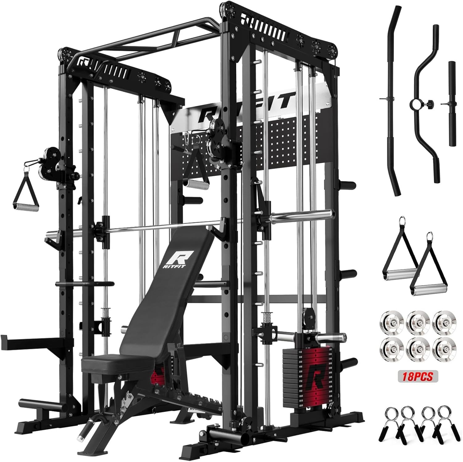 image:imageRitFit M1 Pro Smith Machine Package AllinOne Power Cage with Weight Stack Set Includes LAT Pulldown amp Cable Crossover System for Home GymBlack