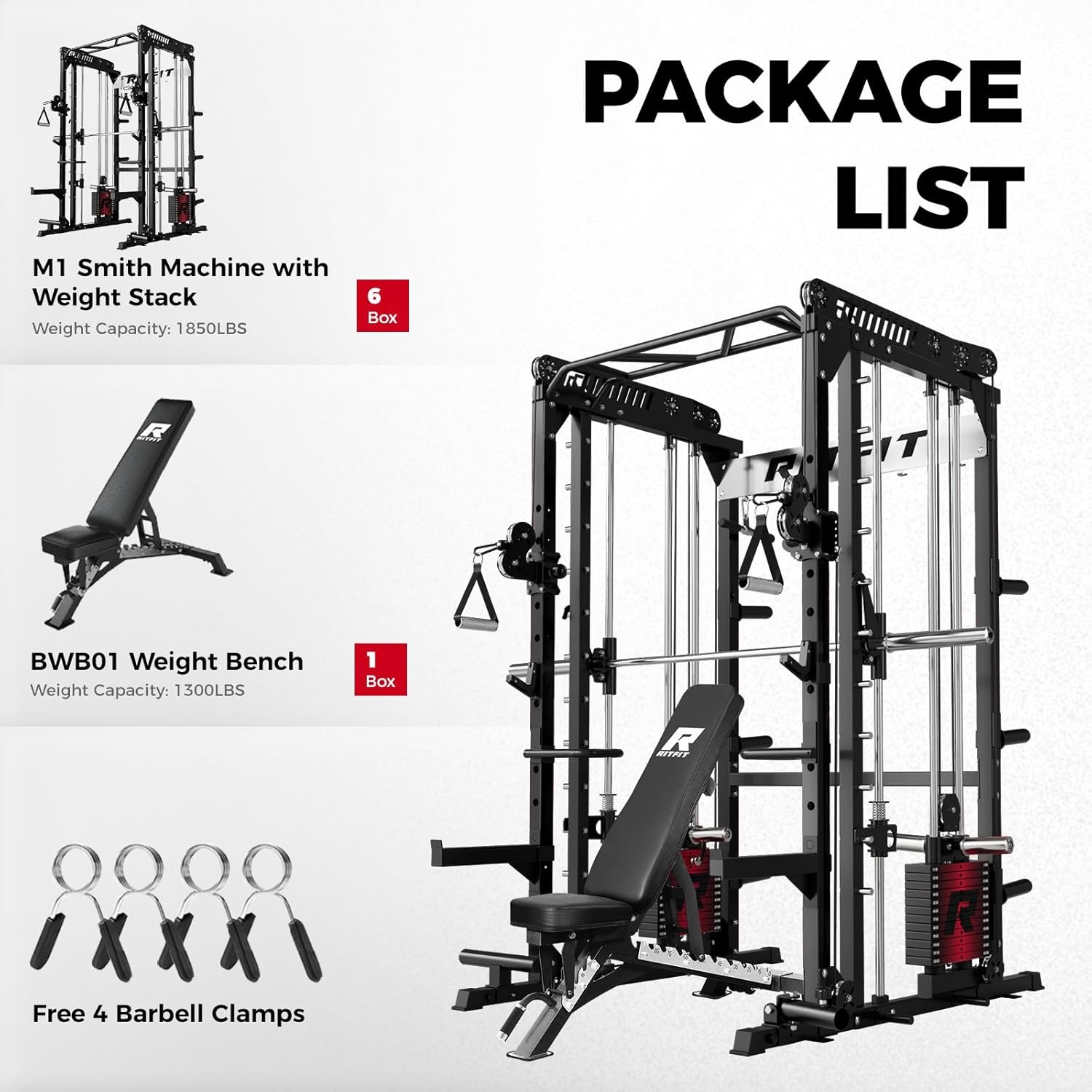 image:imageRitFit M1 Pro Smith Machine Package AllinOne Power Cage with Weight Stack Set Includes LAT Pulldown amp Cable Crossover System for Home GymBlack
