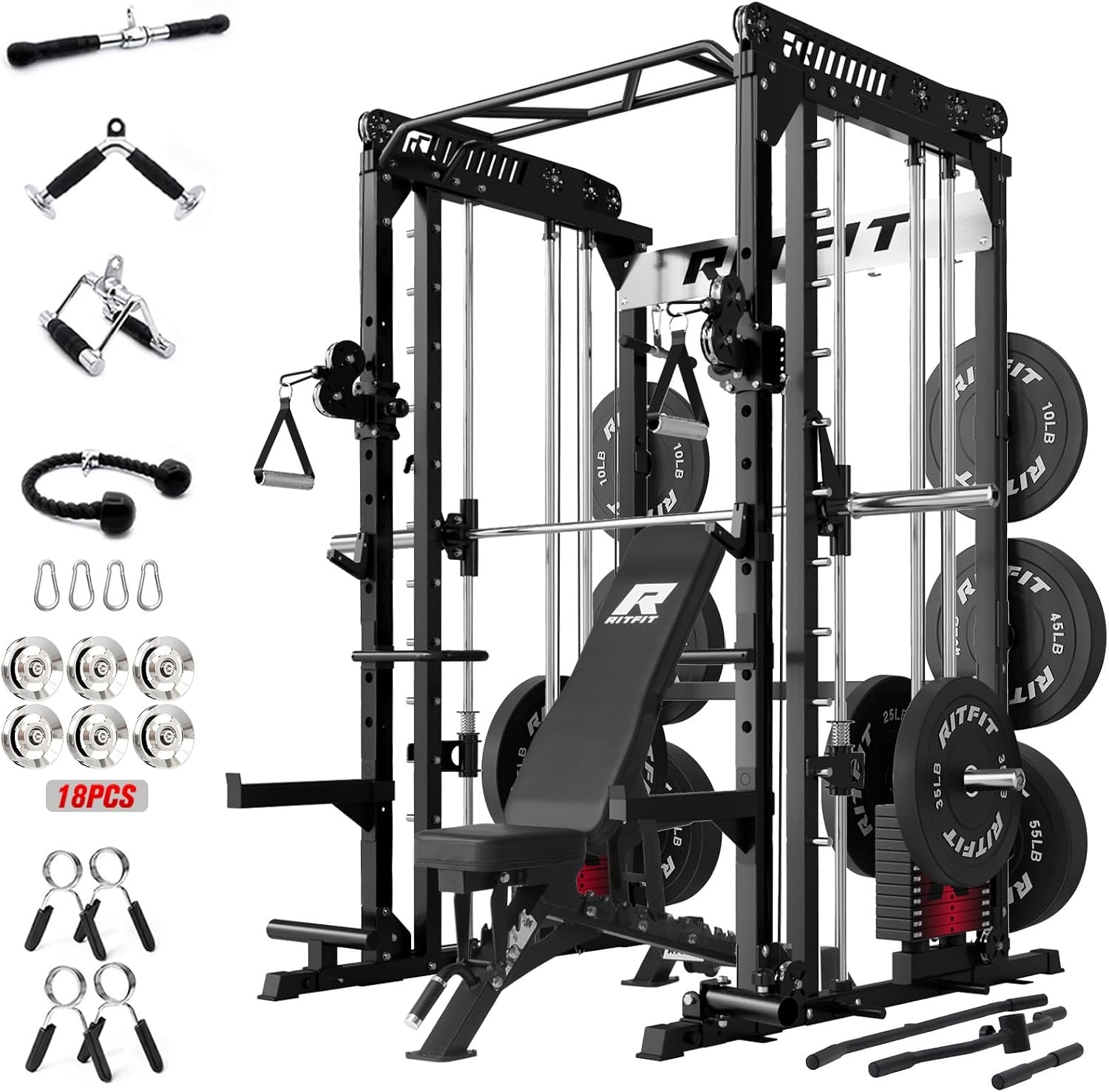 image:imageRitFit M1 Pro Smith Machine Package AllinOne Power Cage with Weight Stack Set Includes LAT Pulldown amp Cable Crossover System for Home GymBlack