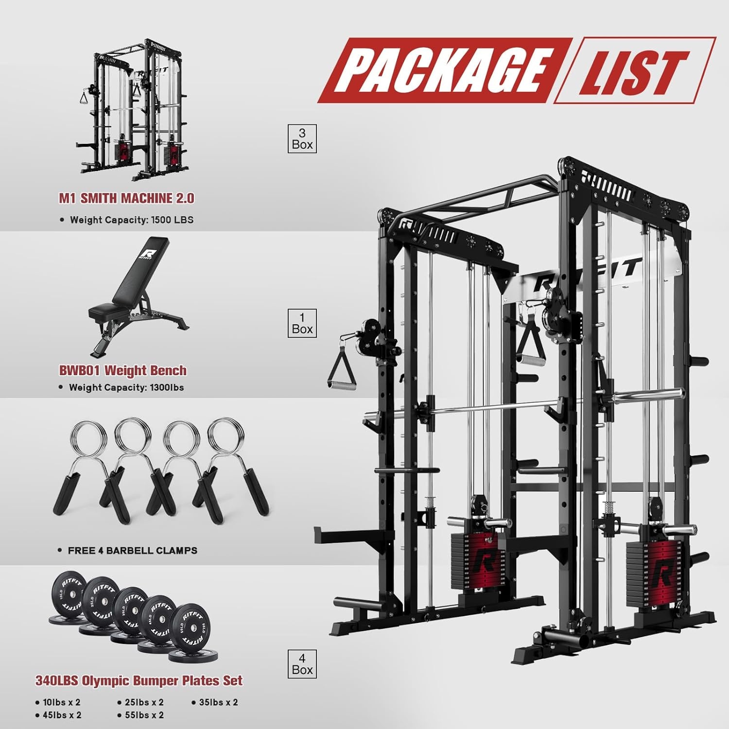 image:imageRitFit M1 Pro Smith Machine Package AllinOne Power Cage with Weight Stack Set Includes LAT Pulldown amp Cable Crossover System for Home GymBlack