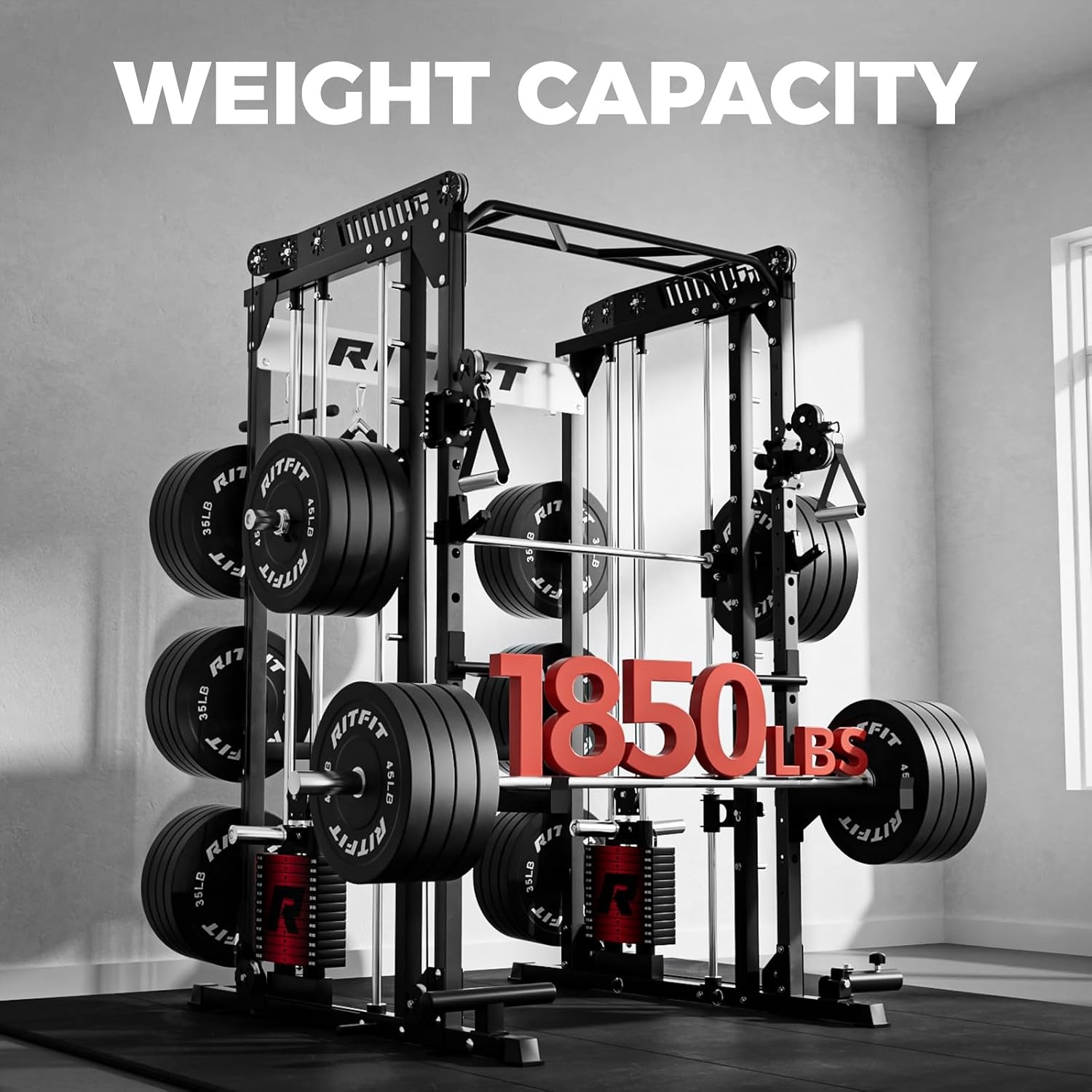image:imageRitFit M1 Pro Smith Machine Package AllinOne Power Cage with Weight Stack Set Includes LAT Pulldown amp Cable Crossover System for Home GymBlack