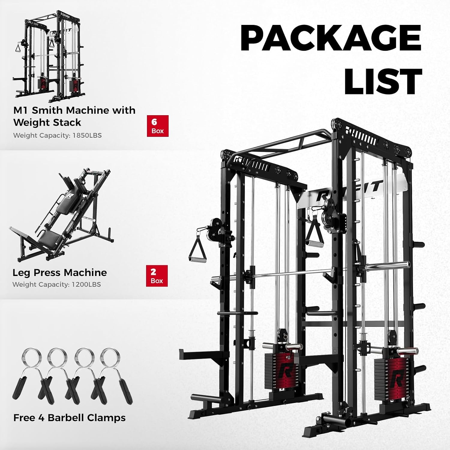 image:imageRitFit M1 Pro Smith Machine Package AllinOne Power Cage with Weight Stack Set Includes LAT Pulldown amp Cable Crossover System for Home GymBlack