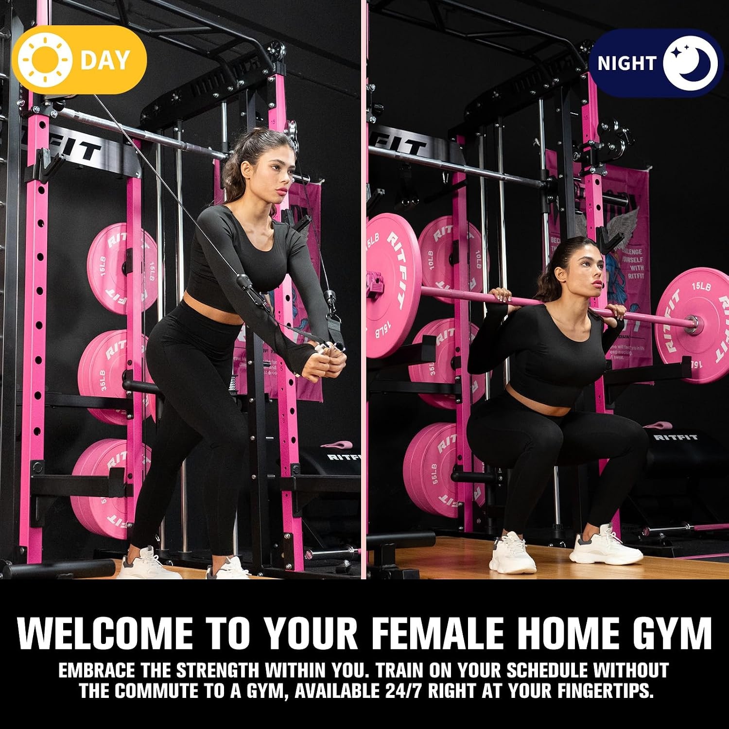 image:imageRitFit M1 Pro Smith Machine Package AllinOne Power Cage with Weight Stack Set Includes LAT Pulldown amp Cable Crossover System for Home GymPink