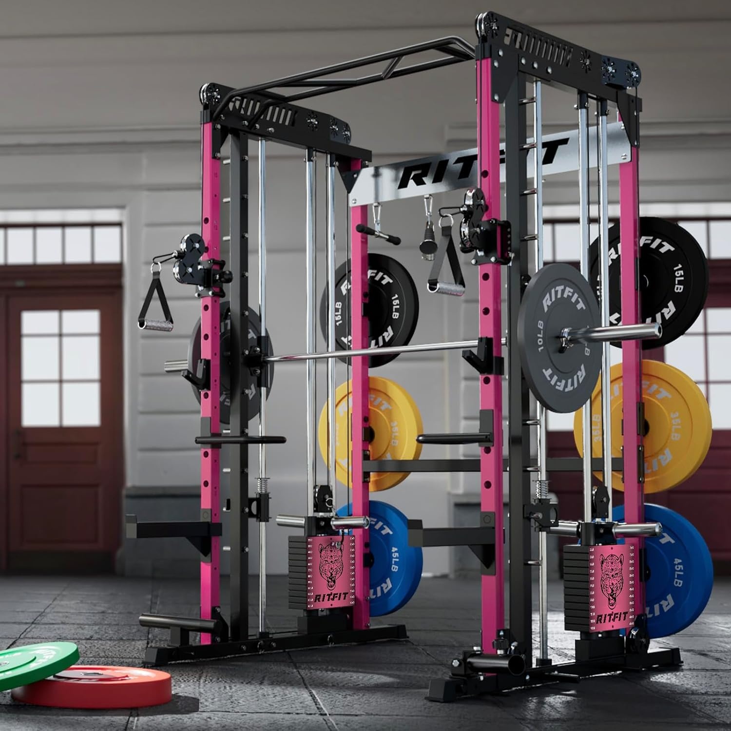 image:imageRitFit M1 Pro Smith Machine Package AllinOne Power Cage with Weight Stack Set Includes LAT Pulldown amp Cable Crossover System for Home GymPink
