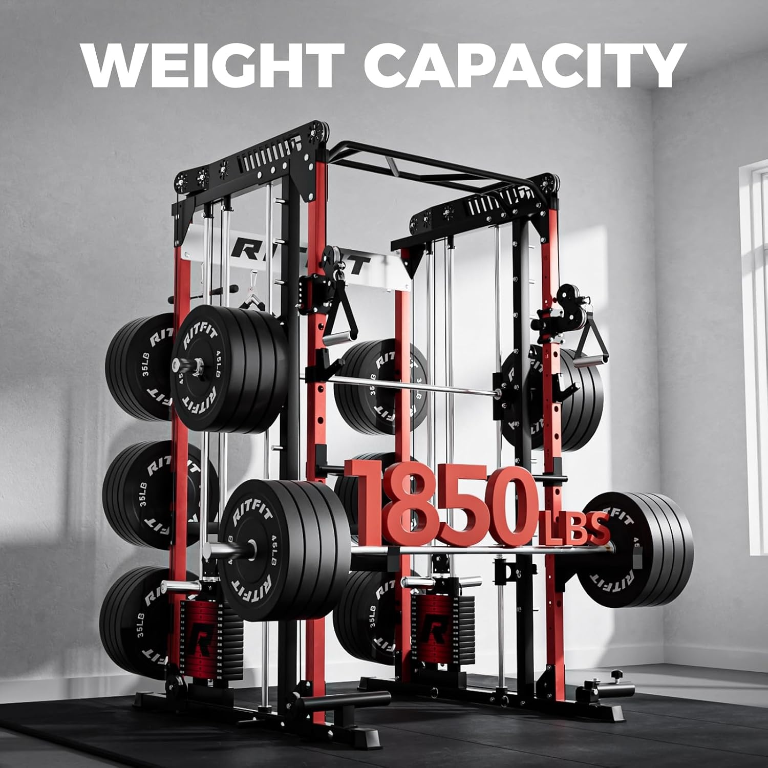 image:imageRitFit M1 Pro Smith Machine Package AllinOne Power Cage with Weight Stack Set Includes LAT Pulldown amp Cable Crossover System for Home GymRed