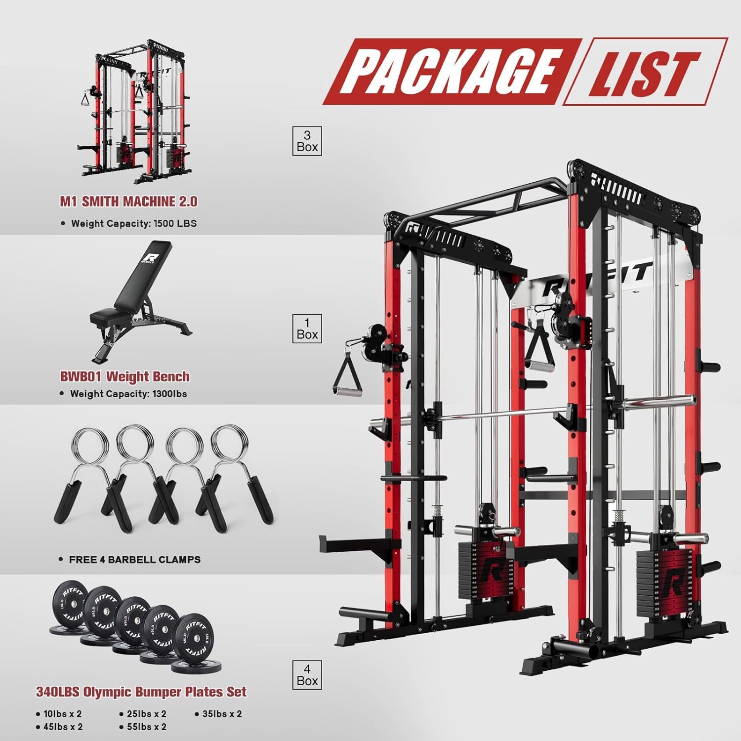 image:imageRitFit M1 Pro Smith Machine Package AllinOne Power Cage with Weight Stack Set Includes LAT Pulldown amp Cable Crossover System for Home GymRed