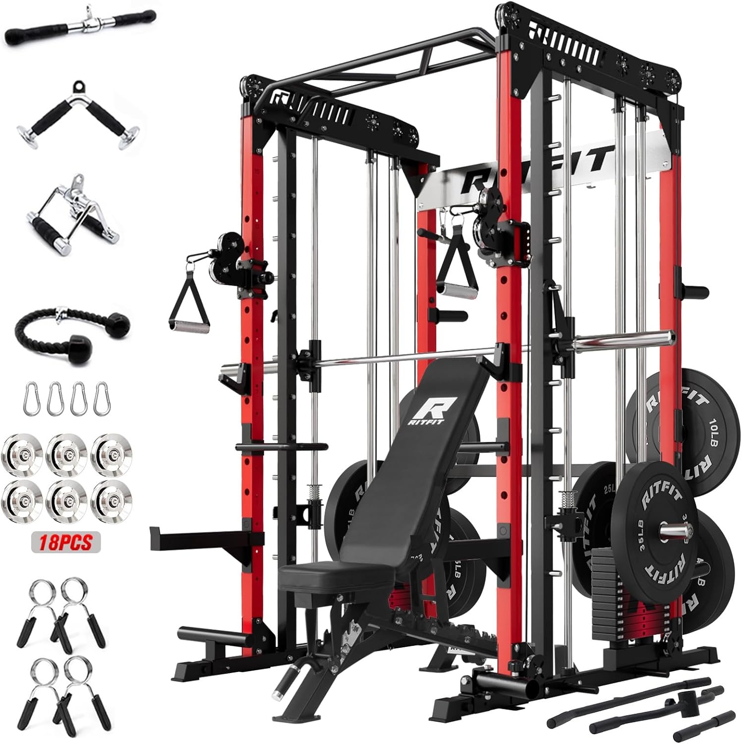 image:imageRitFit M1 Pro Smith Machine Package AllinOne Power Cage with Weight Stack Set Includes LAT Pulldown amp Cable Crossover System for Home GymRed