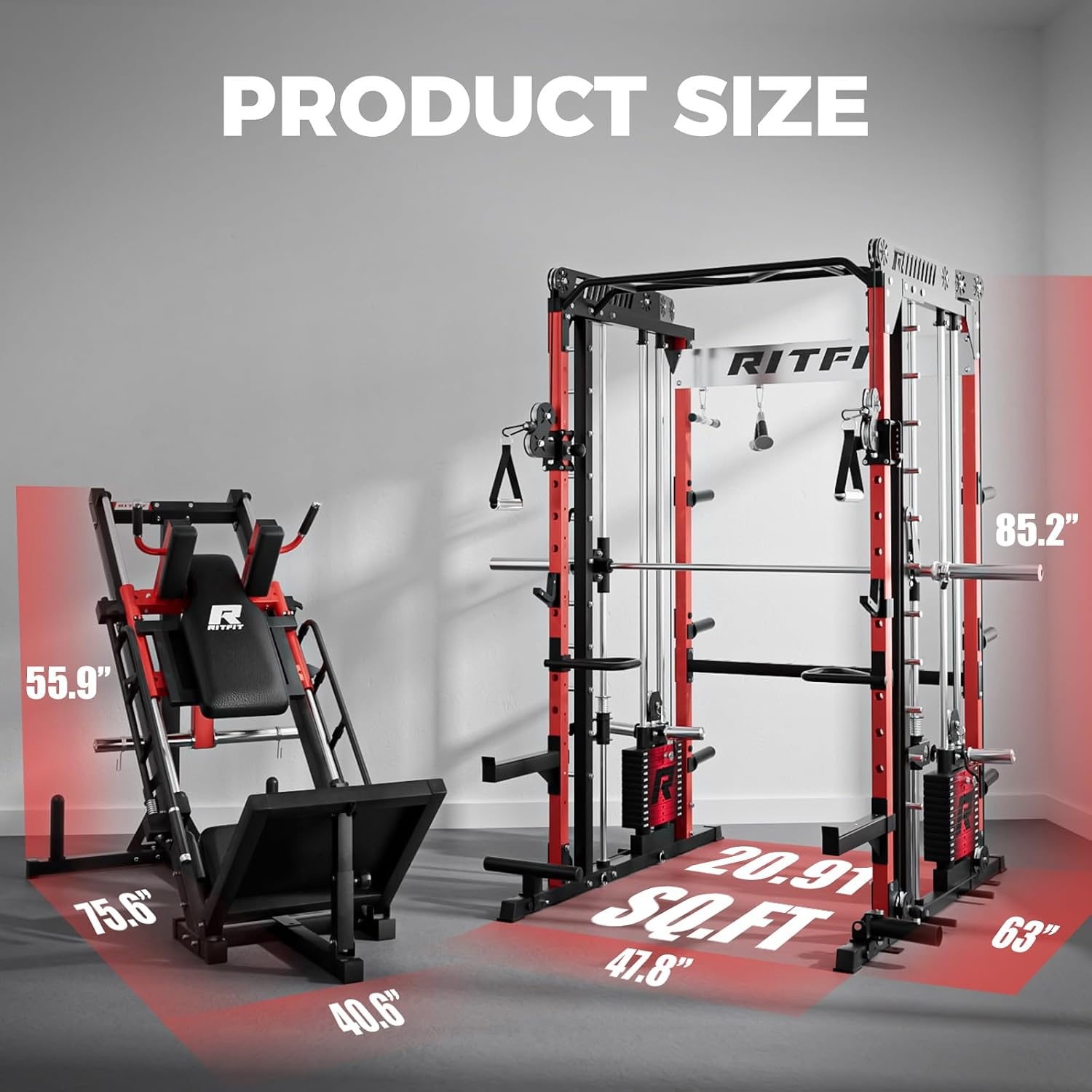 image:imageRitFit M1 Pro Smith Machine Package AllinOne Power Cage with Weight Stack Set Includes LAT Pulldown amp Cable Crossover System for Home GymRed