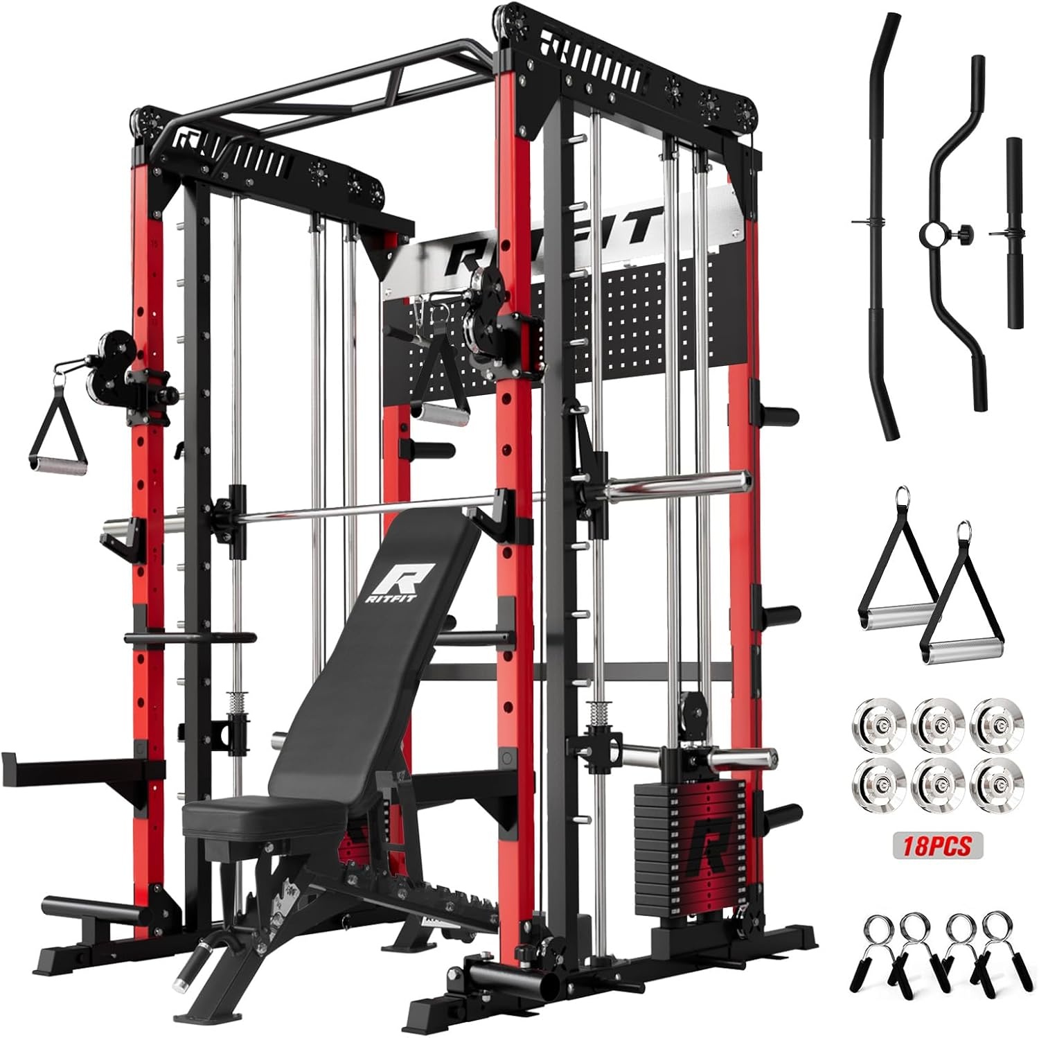 image:imageRitFit M1 Pro Smith Machine Package AllinOne Power Cage with Weight Stack Set Includes LAT Pulldown amp Cable Crossover System for Home GymRed