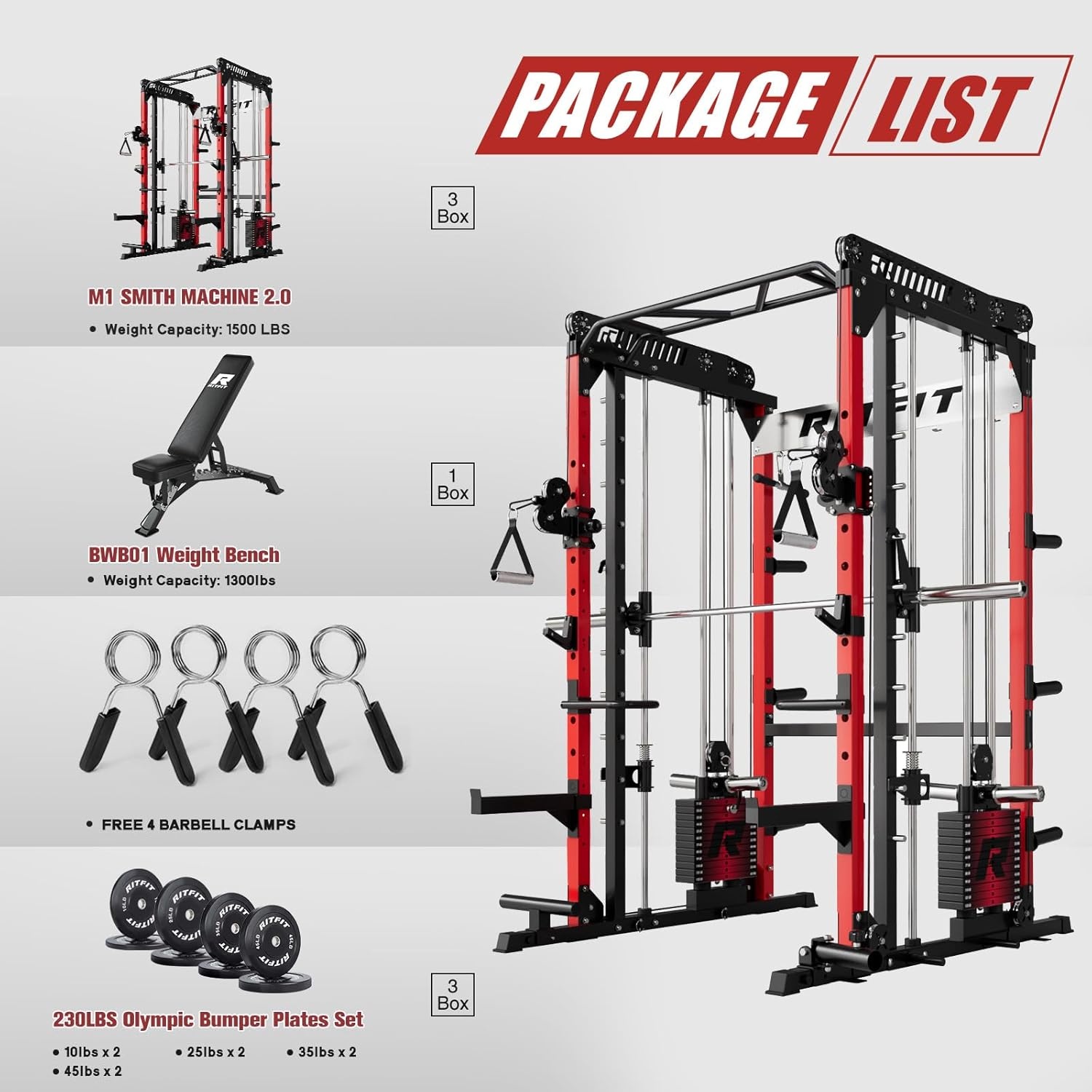 image:imageRitFit M1 Pro Smith Machine Package AllinOne Power Cage with Weight Stack Set Includes LAT Pulldown amp Cable Crossover System for Home GymRed