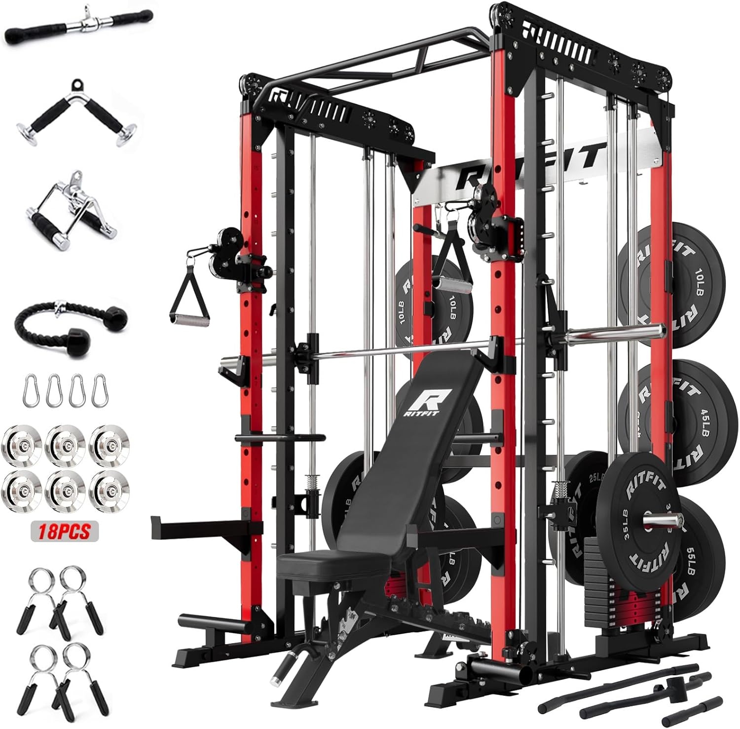 image:imageRitFit M1 Pro Smith Machine Package AllinOne Power Cage with Weight Stack Set Includes LAT Pulldown amp Cable Crossover System for Home GymRed