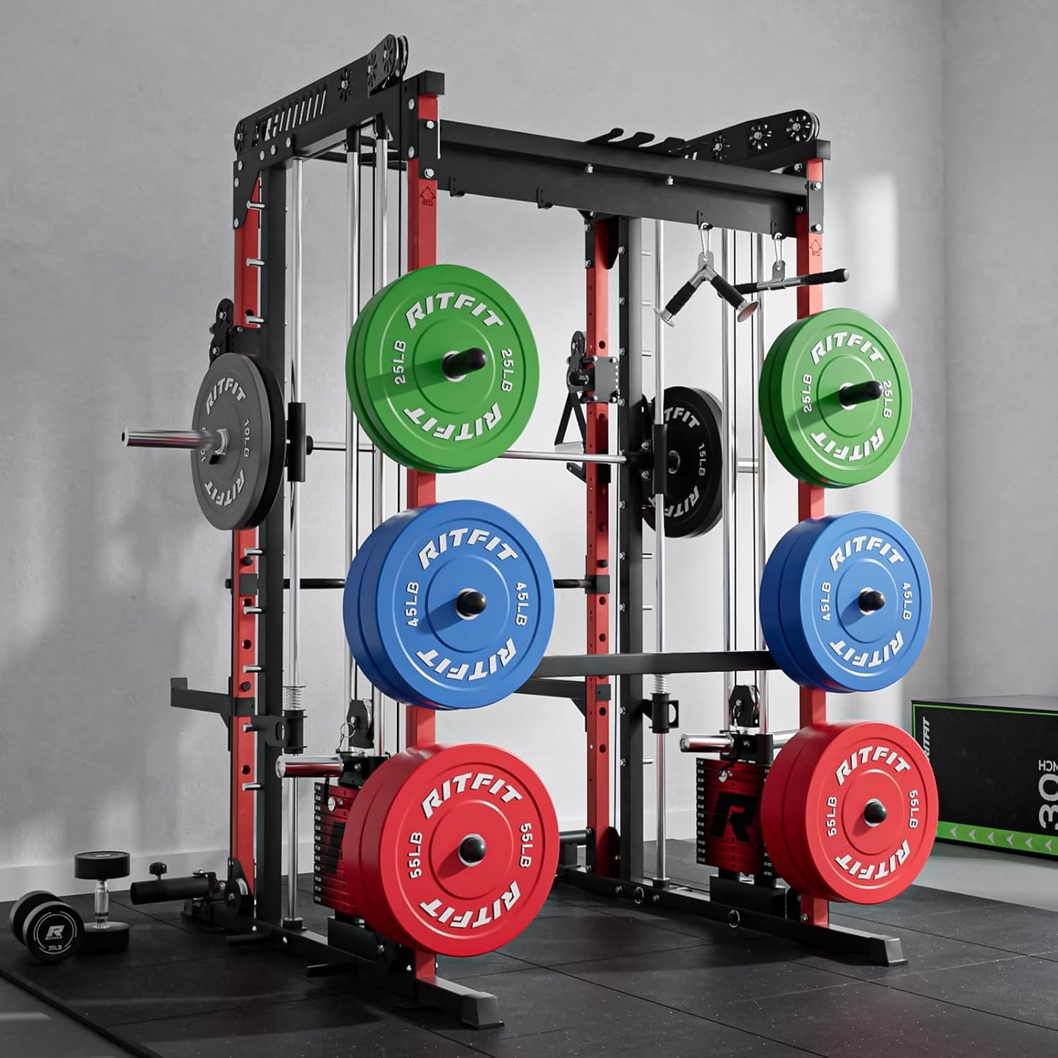 image:imageRitFit M1 Pro Smith Machine Package AllinOne Power Cage with Weight Stack Set Includes LAT Pulldown amp Cable Crossover System for Home GymRed