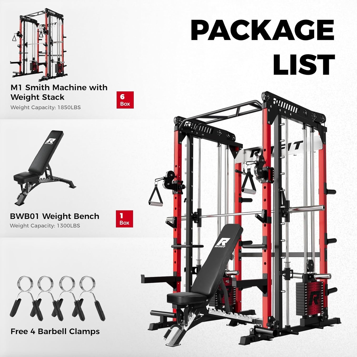 image:imageRitFit M1 Pro Smith Machine Package AllinOne Power Cage with Weight Stack Set Includes LAT Pulldown amp Cable Crossover System for Home GymRed