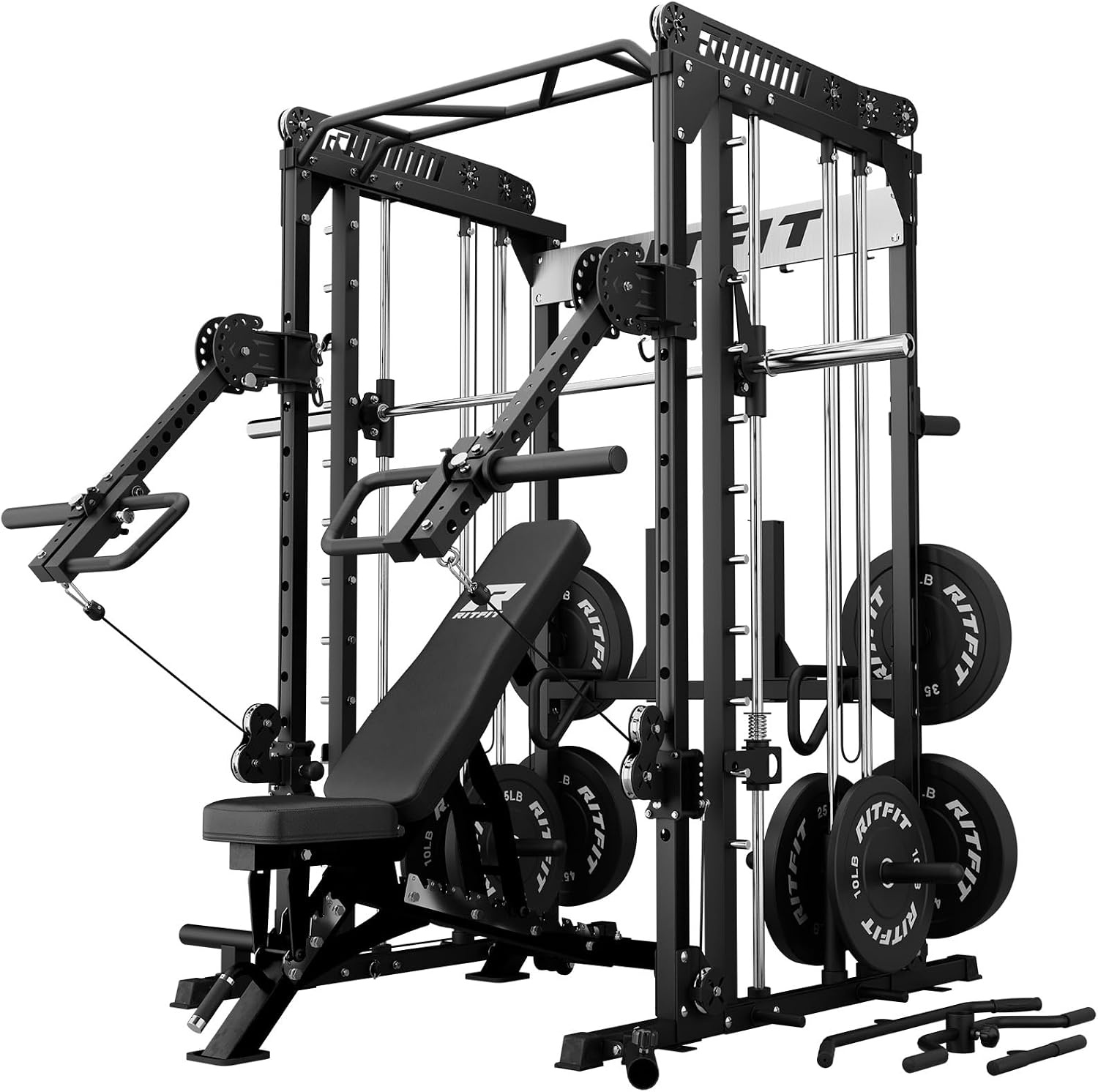 image:imageRitFit M1 Pro Smith Machine with LAM1 Adjustable Lever Arm Attachment AllinOne Power Cage Power Rack with LAT Pulldown amp Cable Crossover System for Home GymBlack