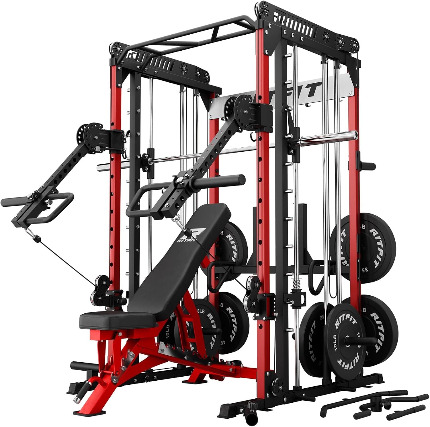 image:imageRitFit M1 Pro Smith Machine with LAM1 Adjustable Lever Arm Attachment AllinOne Power Cage Power Rack with LAT Pulldown amp Cable Crossover System for Home GymRed