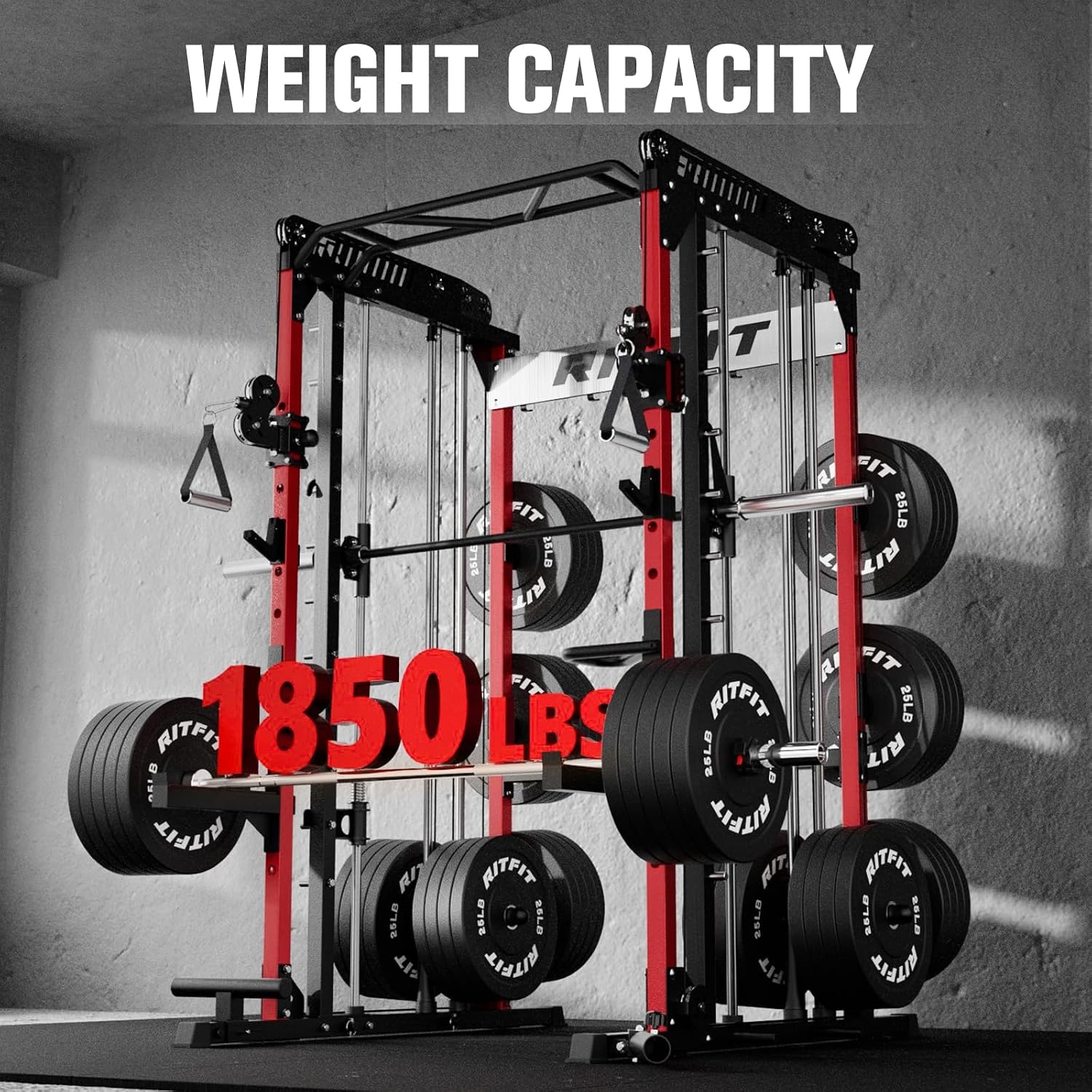 image:imageRitFit M1 Pro Smith Machine with LAM1 Adjustable Lever Arm Attachment AllinOne Power Cage Power Rack with LAT Pulldown amp Cable Crossover System for Home GymRed