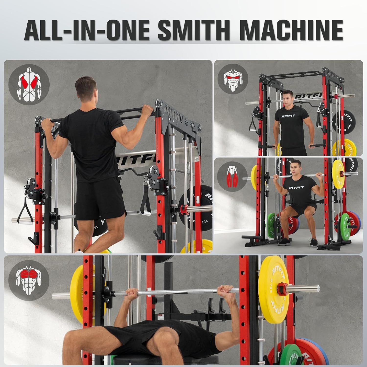 image:imageRitFit M1 Pro Smith Machine with LAM1 Adjustable Lever Arm Attachment AllinOne Power Cage Power Rack with LAT Pulldown amp Cable Crossover System for Home GymRed