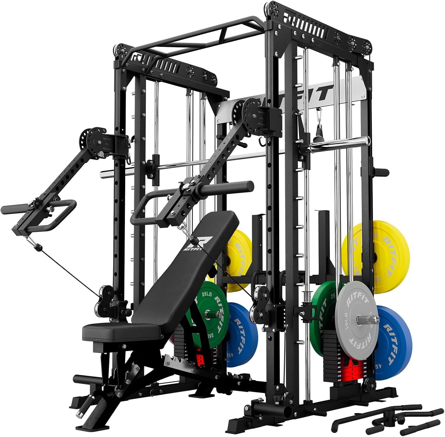image:imageRitFit M1 Pro Smith Machine with LAM1 Adjustable Lever Arm Attachment AllinOne Power Cage Power Rack with LAT Pulldown amp Cable Crossover System for Home GymBlack