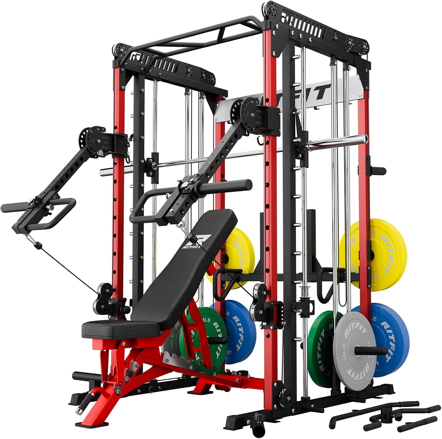 image:imageRitFit M1 Pro Smith Machine with LAM1 Adjustable Lever Arm Attachment AllinOne Power Cage Power Rack with LAT Pulldown amp Cable Crossover System for Home GymRed