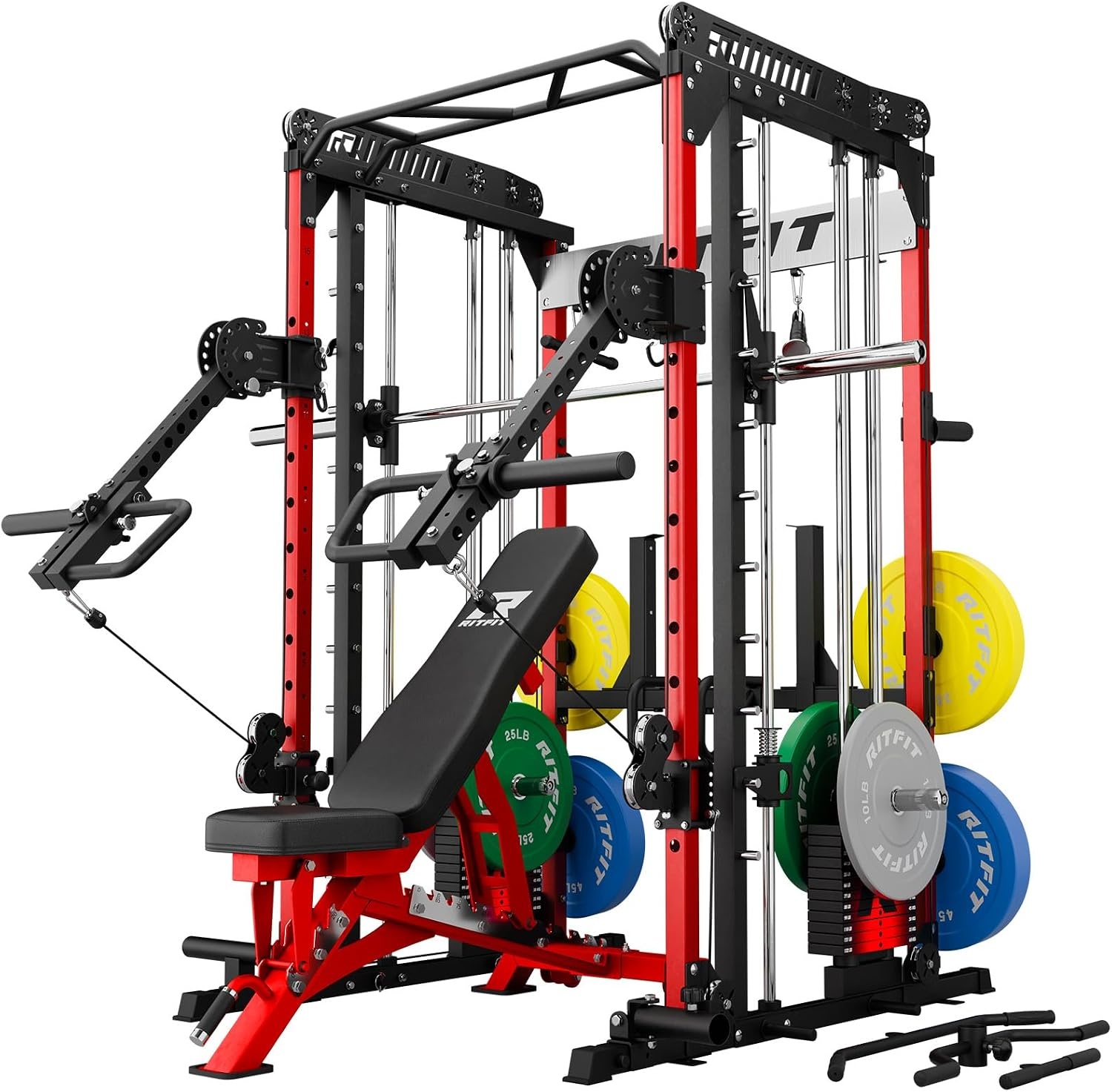 image:imageRitFit M1 Pro Smith Machine with LAM1 Adjustable Lever Arm Attachment AllinOne Power Cage Power Rack with LAT Pulldown amp Cable Crossover System for Home GymRed