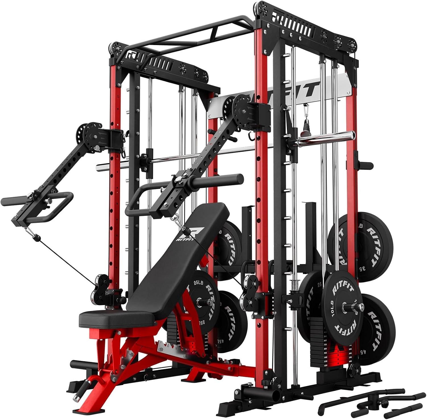 image:imageRitFit M1 Pro Smith Machine with LAM1 Adjustable Lever Arm Attachment AllinOne Power Cage Power Rack with LAT Pulldown amp Cable Crossover System for Home GymRed