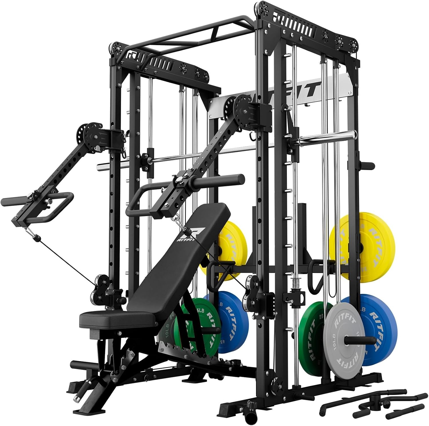 image:imageRitFit M1 Pro Smith Machine with LAM1 Adjustable Lever Arm Attachment AllinOne Power Cage Power Rack with LAT Pulldown amp Cable Crossover System for Home GymBlack
