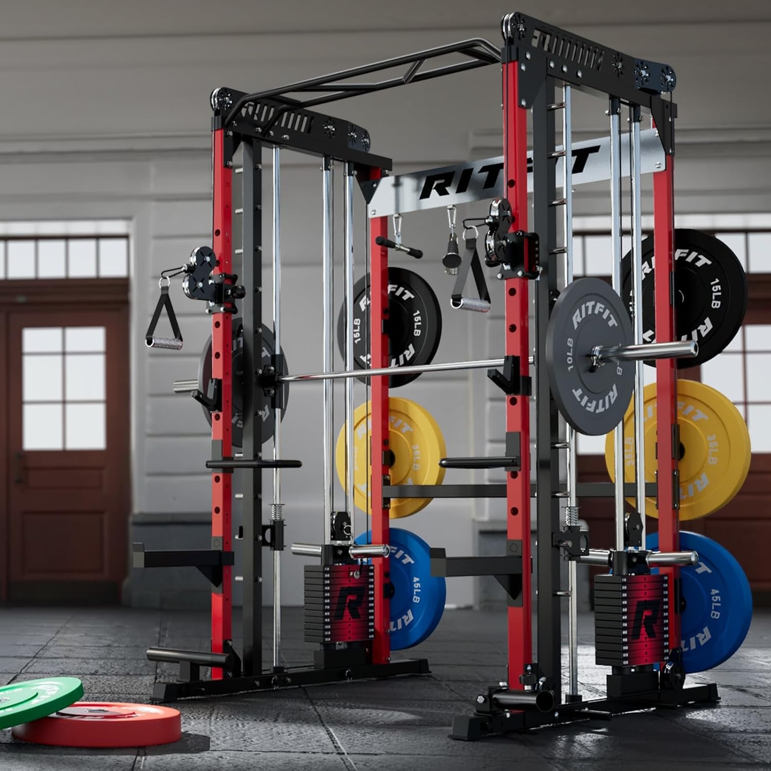 image:imageRitFit M1 Pro Smith Machine with LAM1 Adjustable Lever Arm Attachment AllinOne Power Cage Power Rack with LAT Pulldown amp Cable Crossover System for Home GymRed