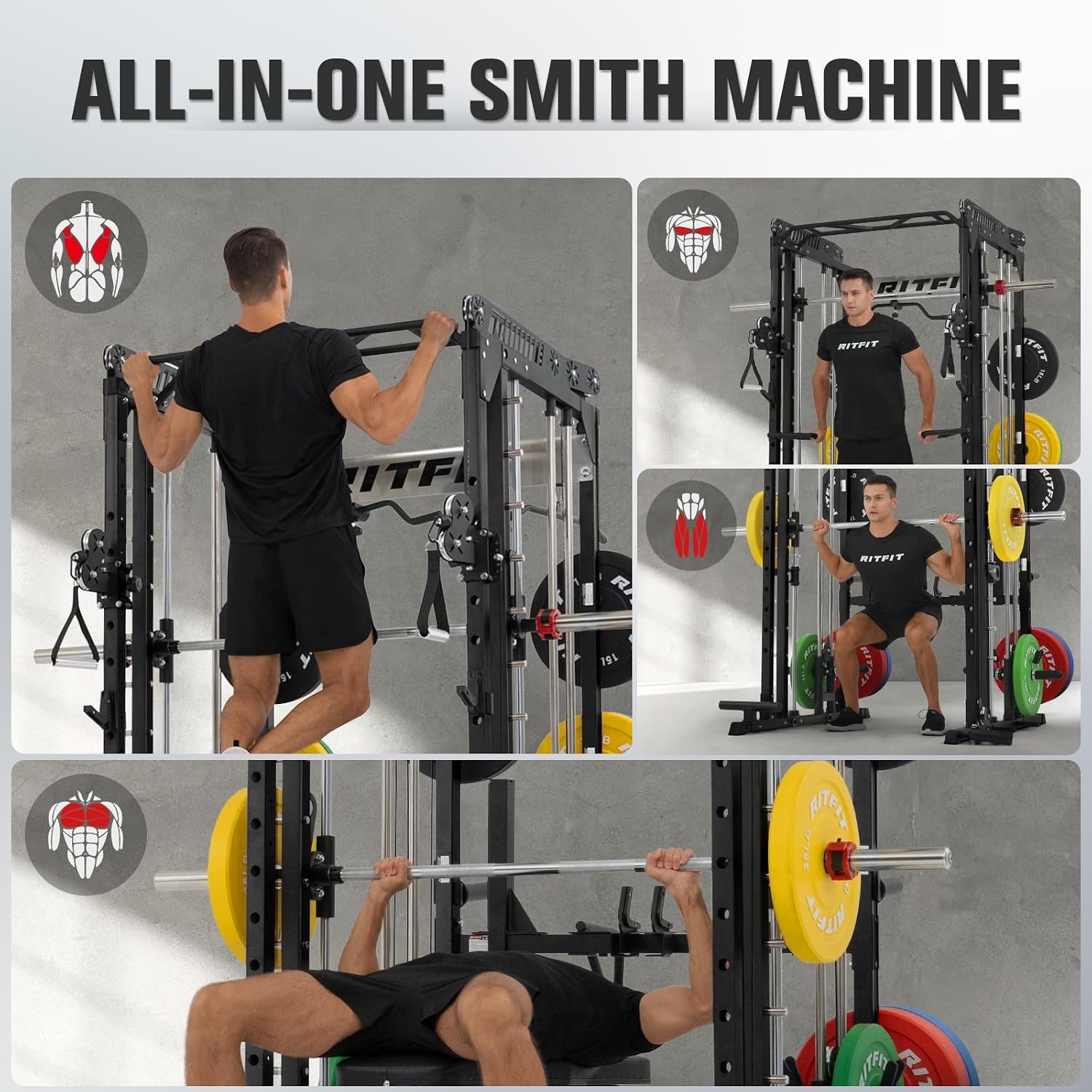image:imageRitFit M1 Pro Smith Machine with LAM1 Adjustable Lever Arm Attachment AllinOne Power Cage Power Rack with LAT Pulldown amp Cable Crossover System for Home GymBlack