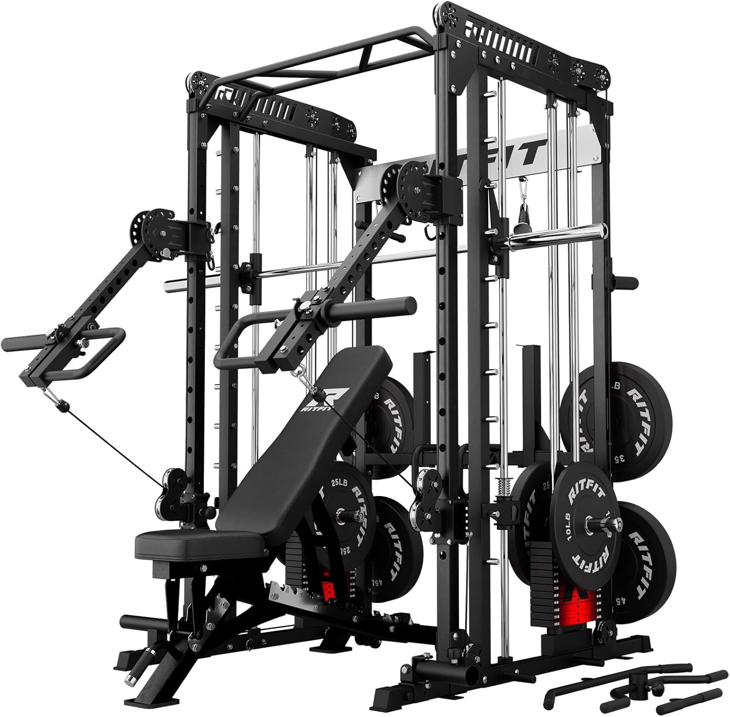 image:imageRitFit M1 Pro Smith Machine with LAM1 Adjustable Lever Arm Attachment AllinOne Power Cage Power Rack with LAT Pulldown amp Cable Crossover System for Home GymBlack