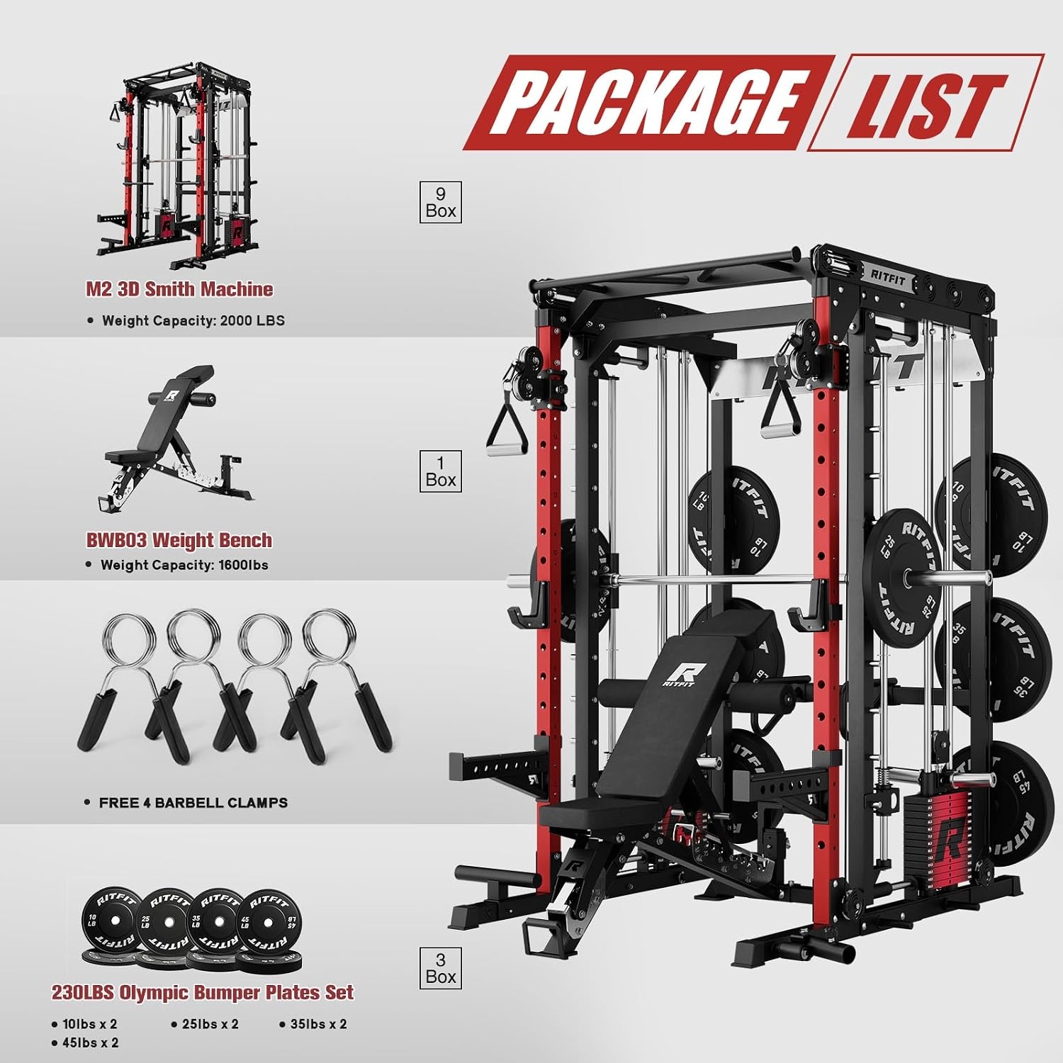 image:imageRitFit M2 3D Smith Machine amp 2866LB Builtin Weight Stack with Cable Crossover System All in One Functional Trainer amp Power Cage 16 Adjustment Holes 6 Storage Pegs for FullBody Home GymRED