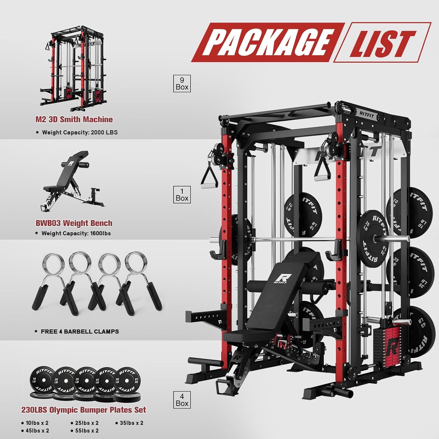 image:imageRitFit M2 3D Smith Machine amp 2866LB Builtin Weight Stack with Cable Crossover System All in One Functional Trainer amp Power Cage 16 Adjustment Holes 6 Storage Pegs for FullBody Home GymRED
