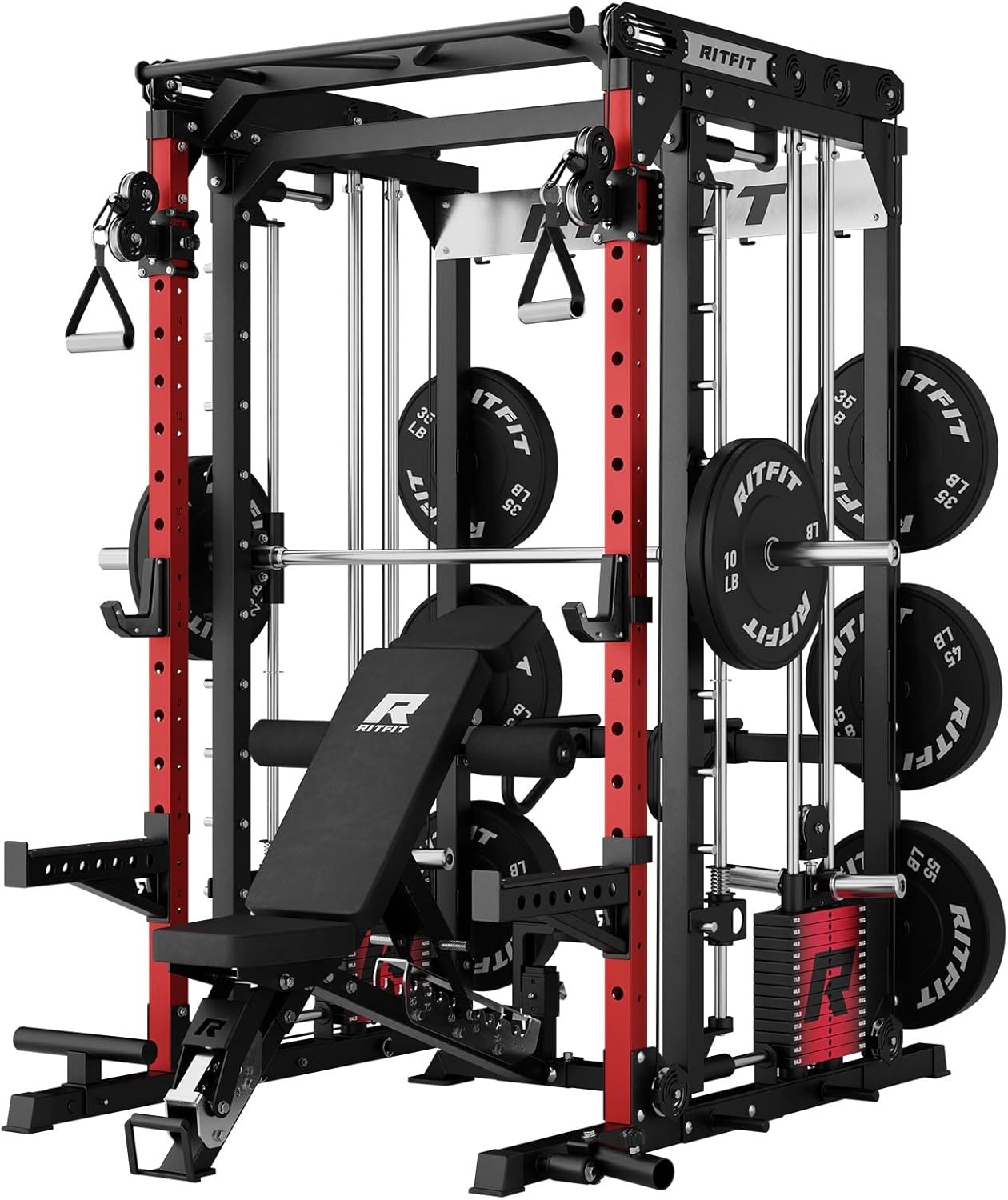 image:imageRitFit M2 3D Smith Machine amp 2866LB Builtin Weight Stack with Cable Crossover System All in One Functional Trainer amp Power Cage 16 Adjustment Holes 6 Storage Pegs for FullBody Home GymRED