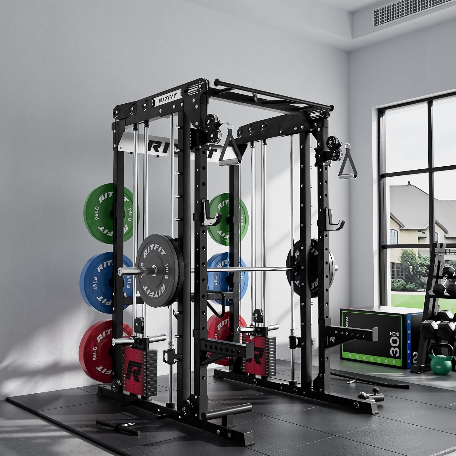 image:imageRitFit M2 3D Smith Machine amp 2866LB Builtin Weight Stack with Cable Crossover System All in One Functional Trainer amp Power Cage 16 Adjustment Holes 6 Storage Pegs for FullBody Home GymBLACK
