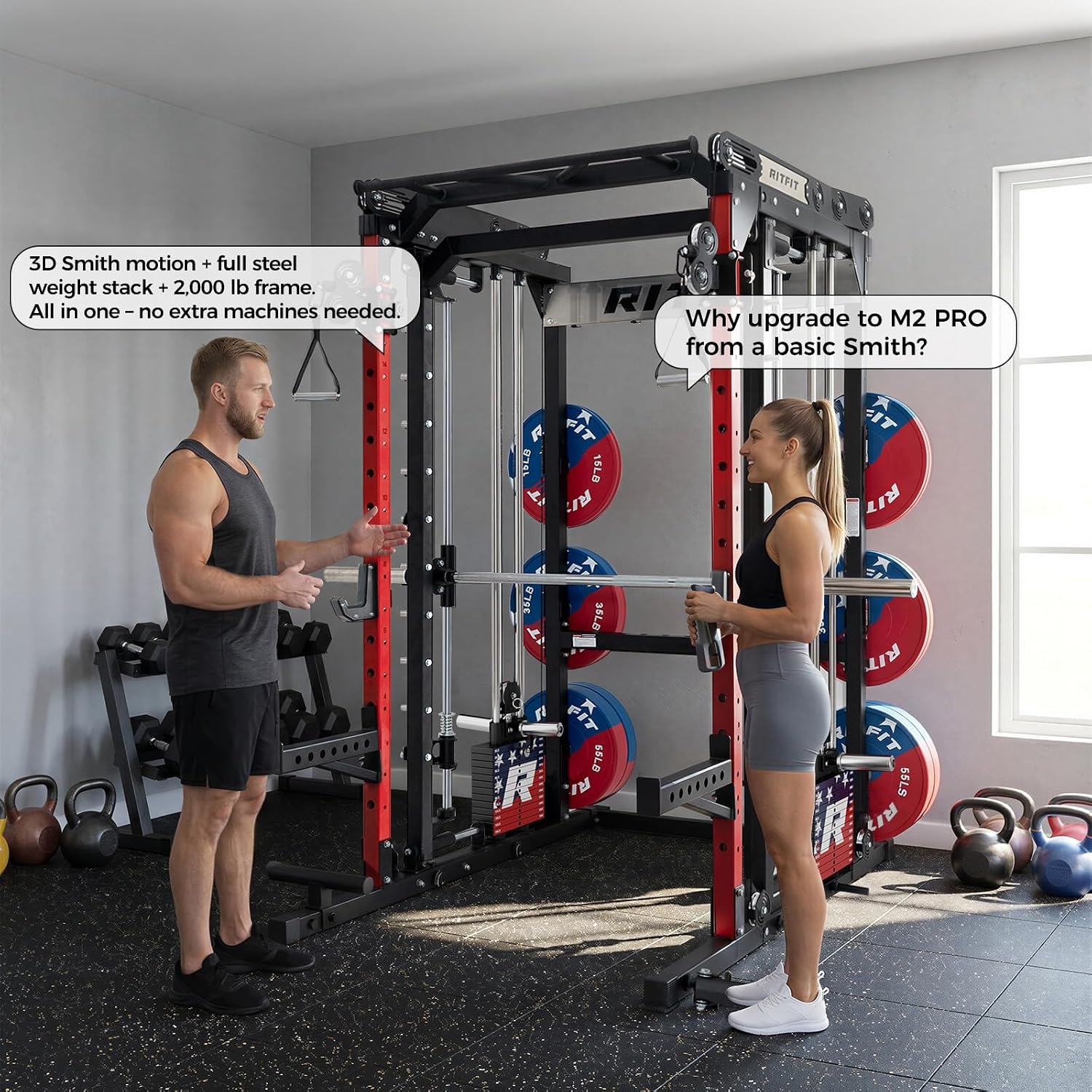 image:imageRitFit M2 3D Smith Machine amp 2866LB Builtin Weight Stack with Cable Crossover System All in One Functional Trainer amp Power Cage 16 Adjustment Holes 6 Storage Pegs for FullBody Home GymRED