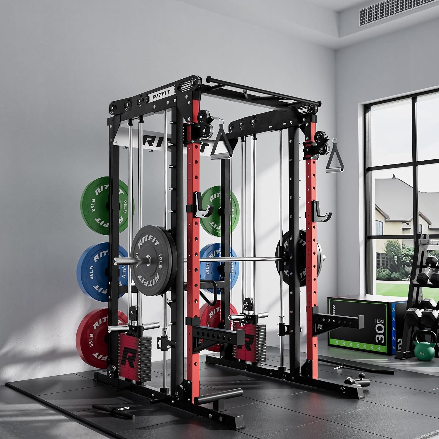 image:imageRitFit M2 3D Smith Machine amp 2866LB Builtin Weight Stack with Cable Crossover System All in One Functional Trainer amp Power Cage 16 Adjustment Holes 6 Storage Pegs for FullBody Home GymRED