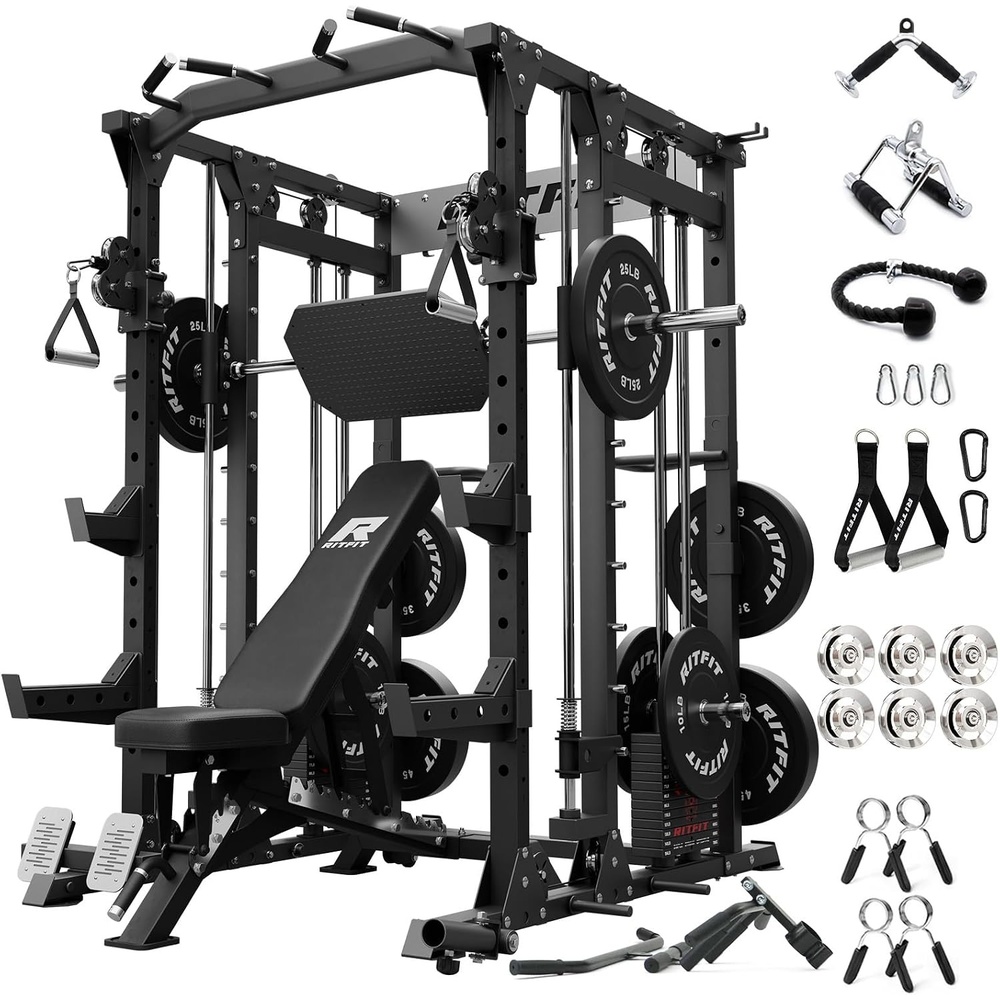 image:imageRitFit Buffalo Smith Machine Package AllinOne Power Cage with Weight Stack Power Rack with Cable Crossover amp Leg Press Attachment for Home GymBlack