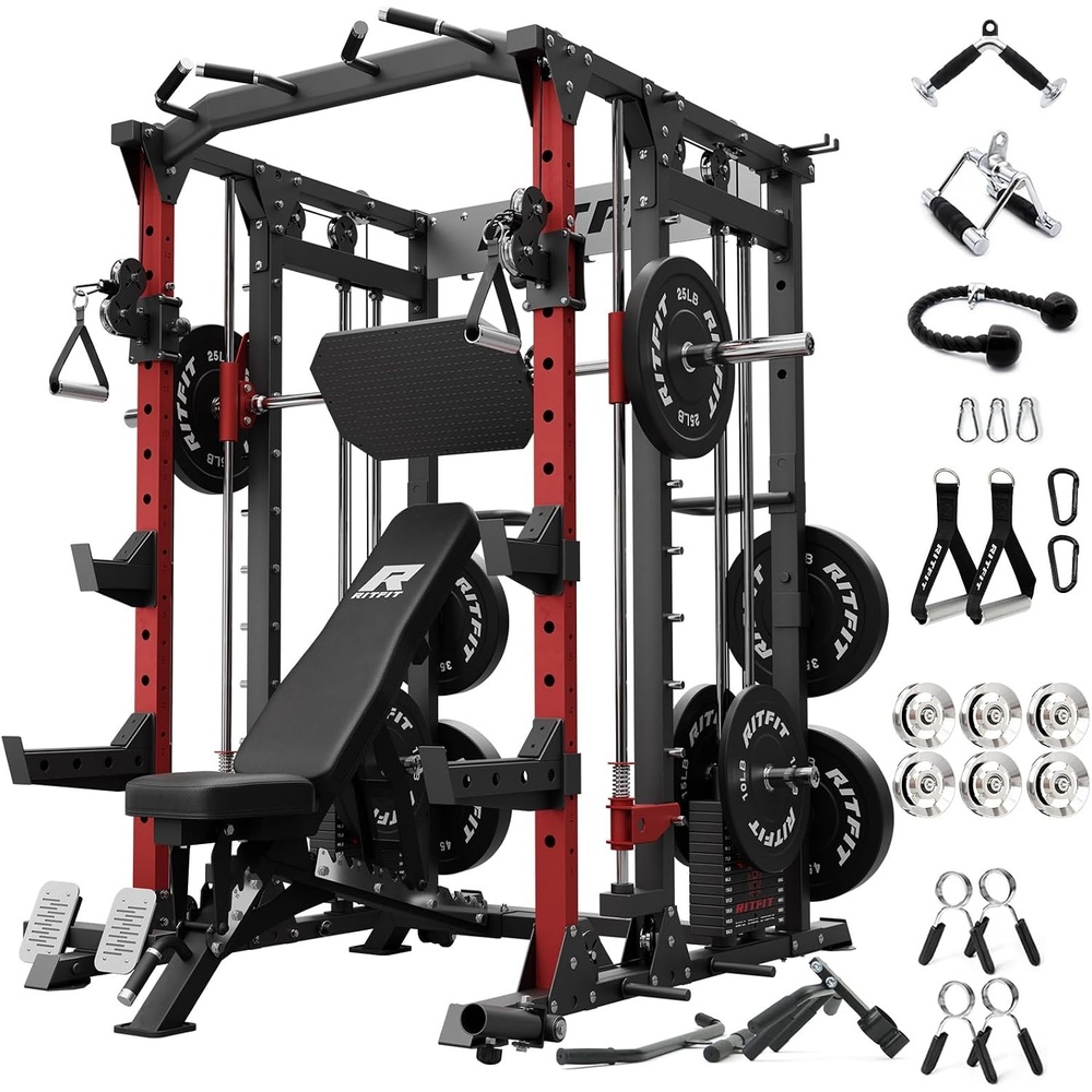 image:imageRitFit Buffalo Smith Machine Package AllinOne Power Cage with Weight Stack Power Rack with Cable Crossover amp Leg Press Attachment for Home GymRed