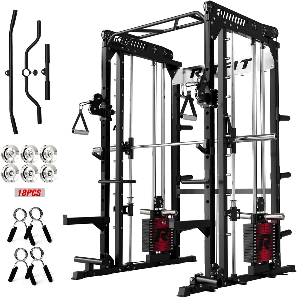 image:imageRitFit M1 Pro Smith Machine Package AllinOne Power Cage with Weight Stack Set Includes LAT Pulldown amp Cable Crossover System for Home GymBlack