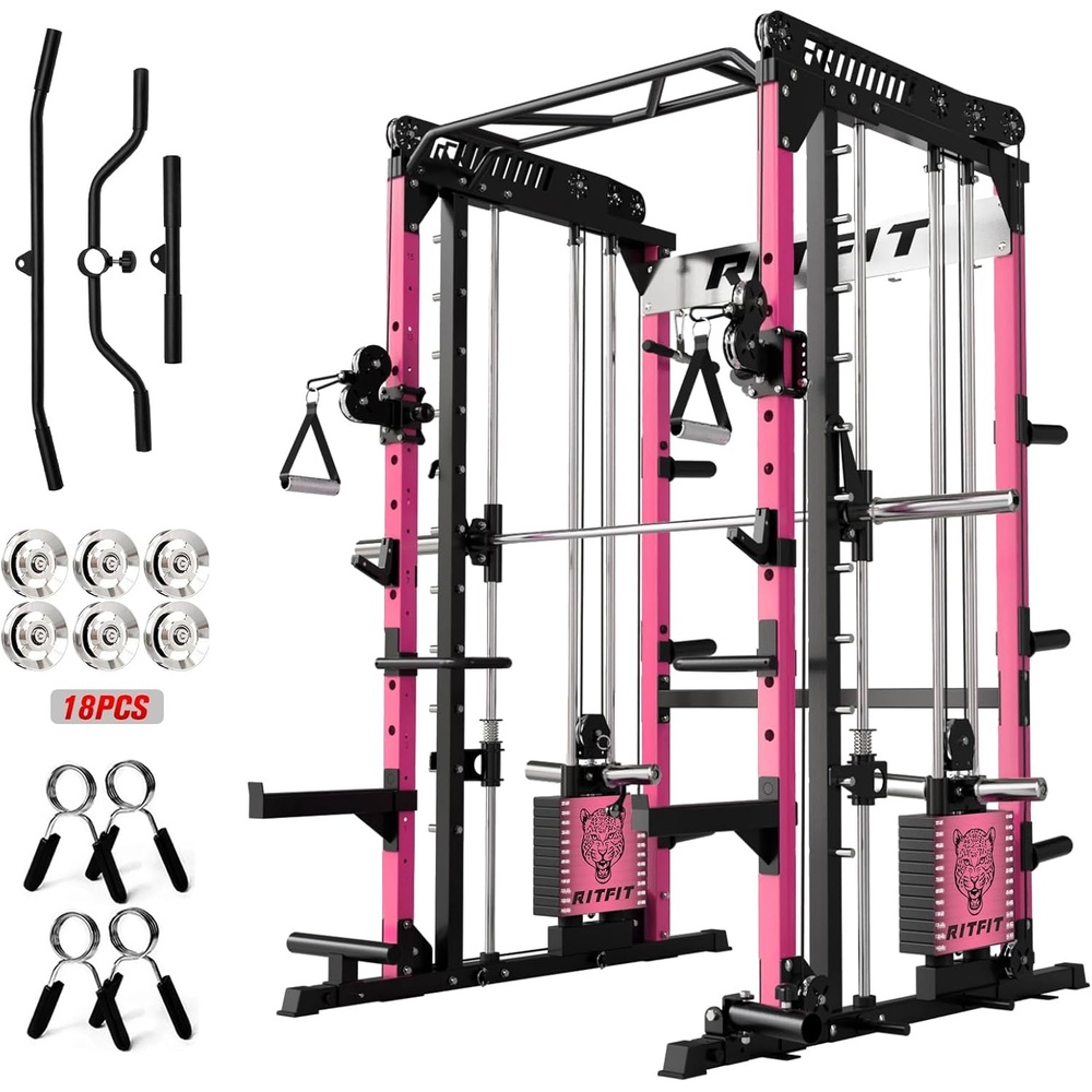 image:imageRitFit M1 Pro Smith Machine Package AllinOne Power Cage with Weight Stack Set Includes LAT Pulldown amp Cable Crossover System for Home GymPink