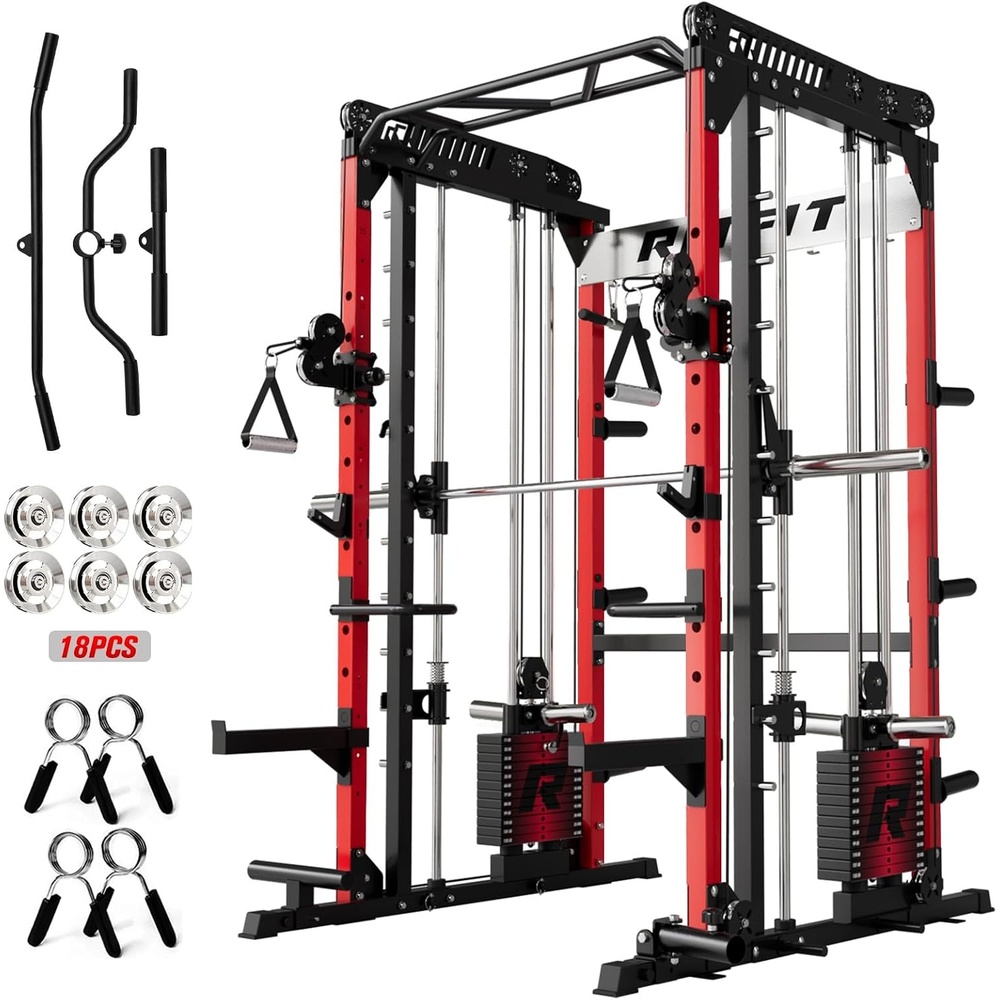 image:imageRitFit M1 Pro Smith Machine Package AllinOne Power Cage with Weight Stack Set Includes LAT Pulldown amp Cable Crossover System for Home GymRed