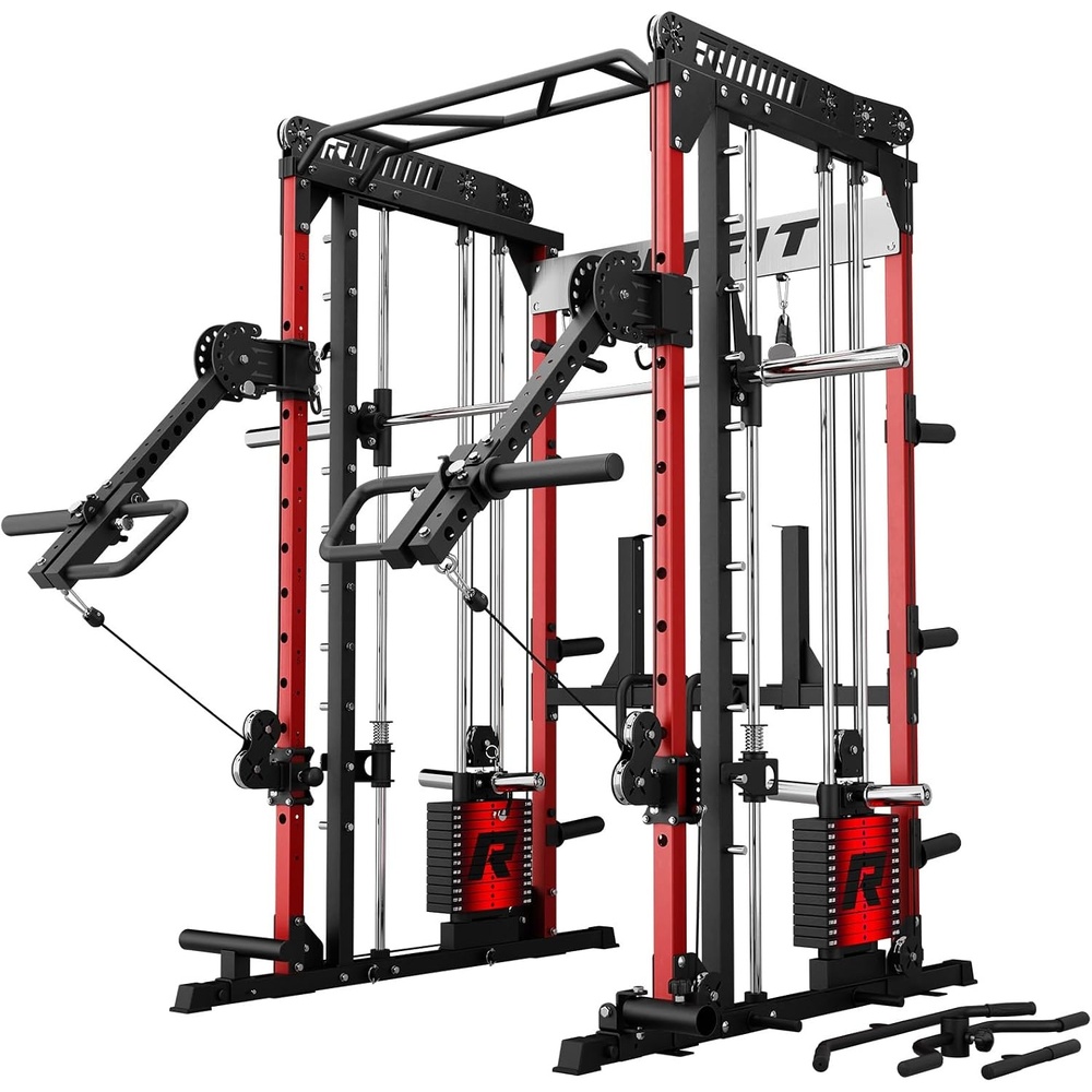 image:imageRitFit M1 Pro Smith Machine with LAM1 Adjustable Lever Arm Attachment AllinOne Power Cage Power Rack with LAT Pulldown amp Cable Crossover System for Home GymRed