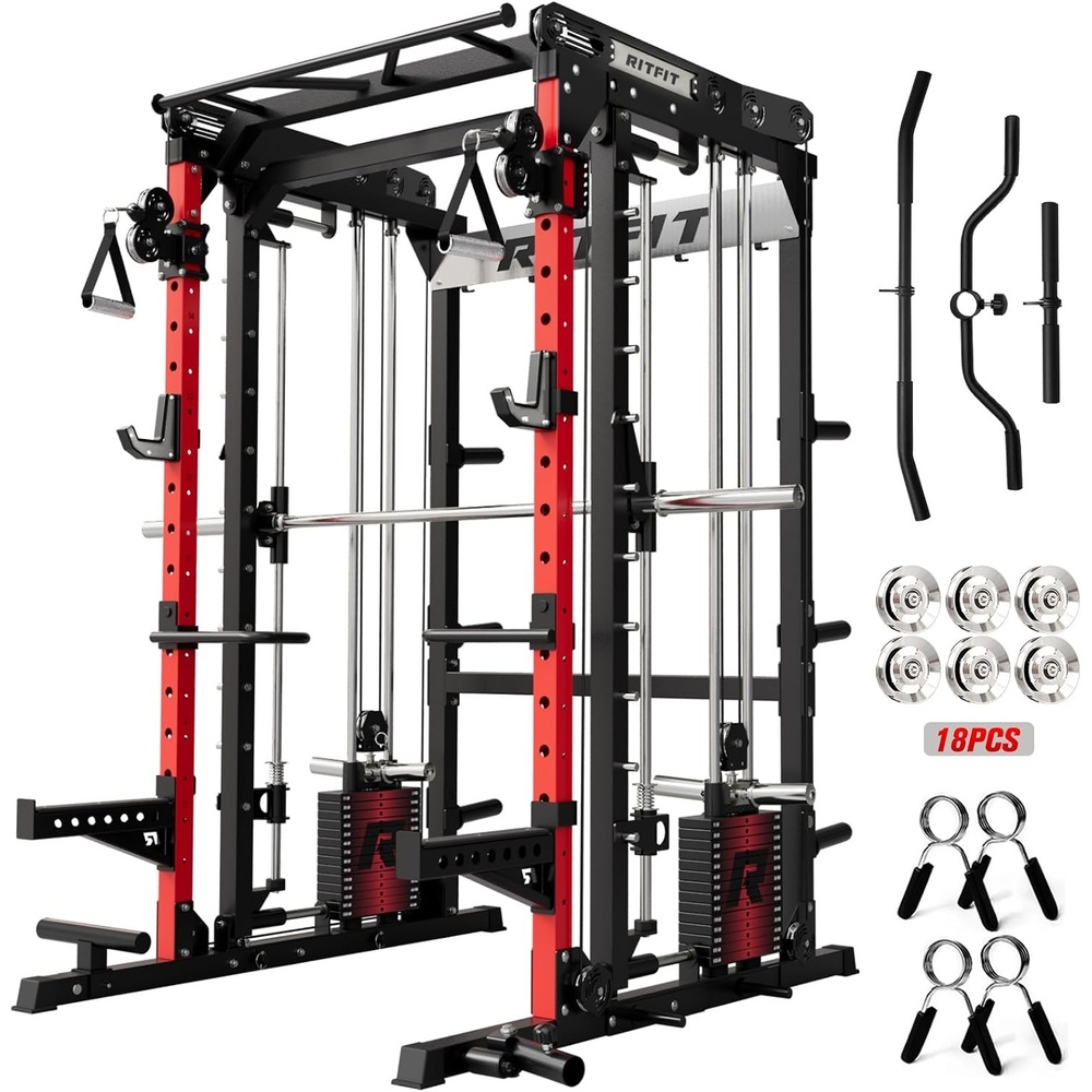 image:imageRitFit M2 3D Smith Machine amp 2866LB Builtin Weight Stack with Cable Crossover System All in One Functional Trainer amp Power Cage 16 Adjustment Holes 6 Storage Pegs for FullBody Home GymRED