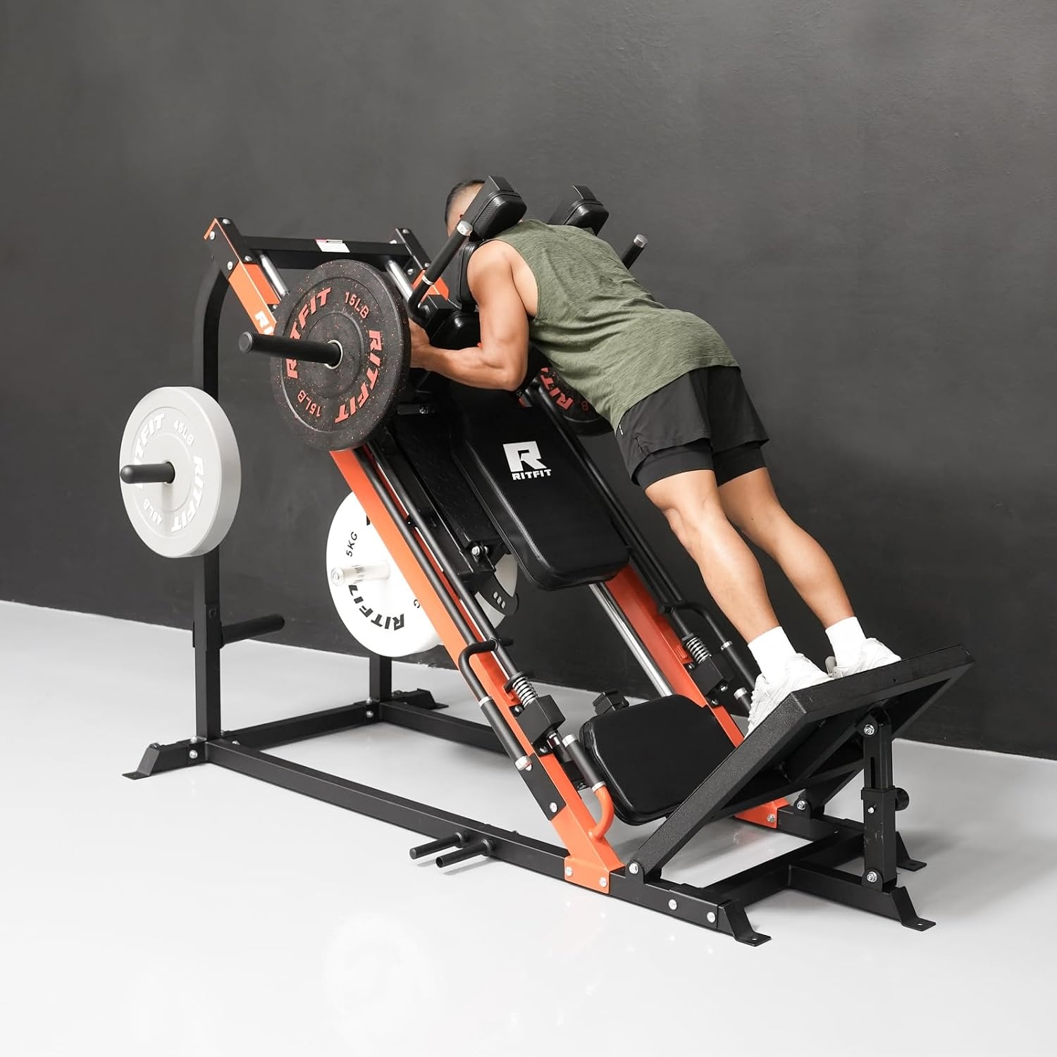 image:imageRitFit 3in1 Leg Press Hack Squat Machine for Home Gym 1500LB Capacity Compact SpaceSaving Design with Multiple Hack Squat amp Leg Press AnglesOrangeWith 35lb Rubber Weight Plates