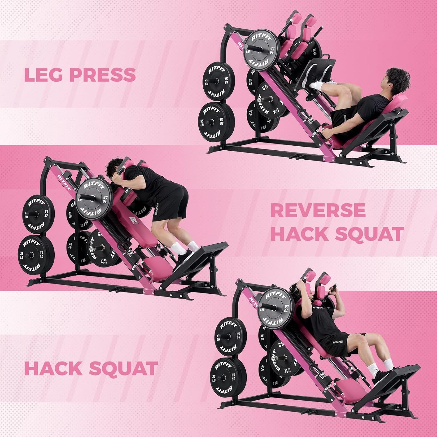 image:imageRitFit 3in1 Leg Press Hack Squat Machine for Home Gym 1500LB Capacity Compact SpaceSaving Design with Multiple Hack Squat amp Leg Press AnglesPINKWith 2x10lb Pink Weight Plates