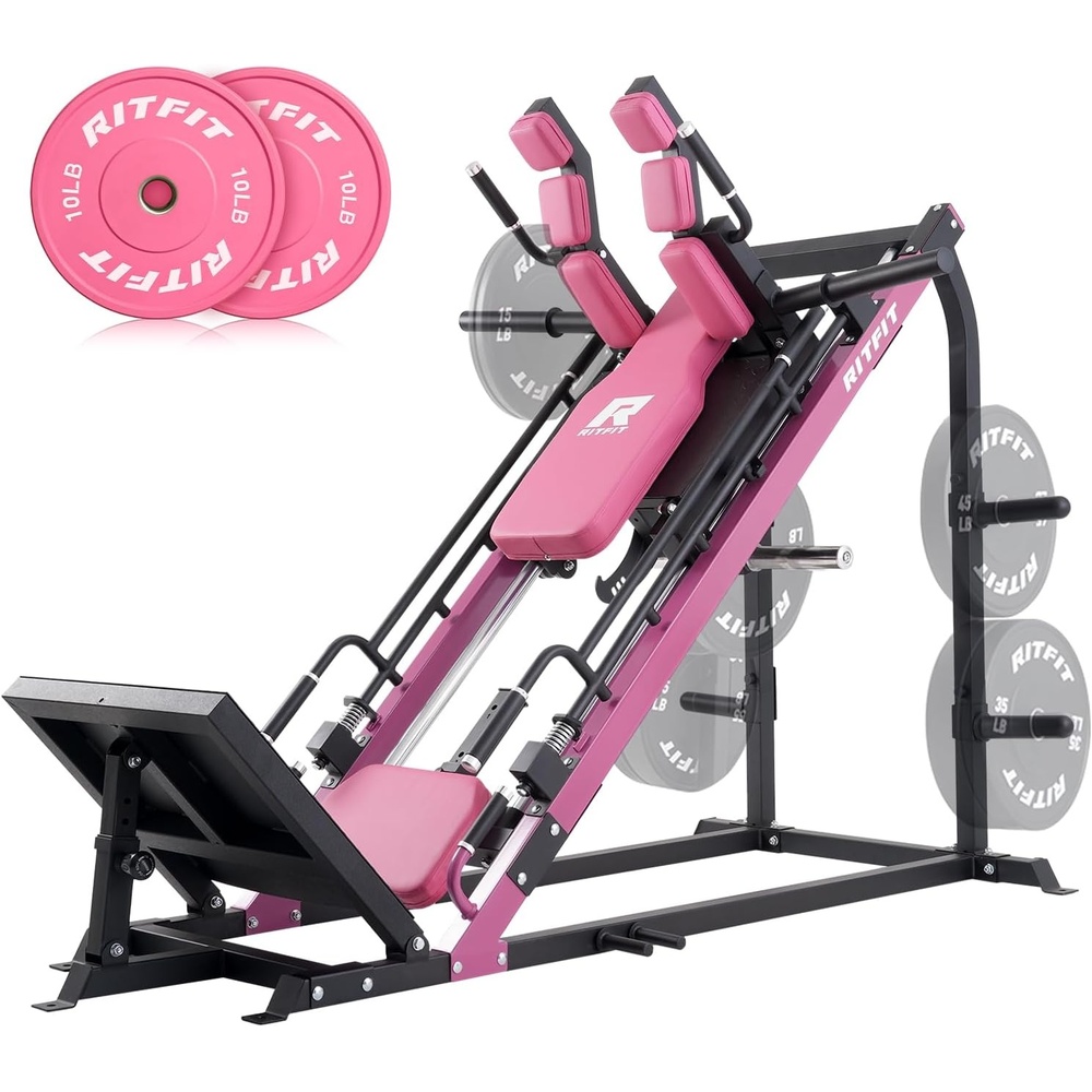 image:imageRitFit 3in1 Leg Press Hack Squat Machine for Home Gym 1500LB Capacity Compact SpaceSaving Design with Multiple Hack Squat amp Leg Press AnglesPINKWith 2x10lb Pink Weight Plates