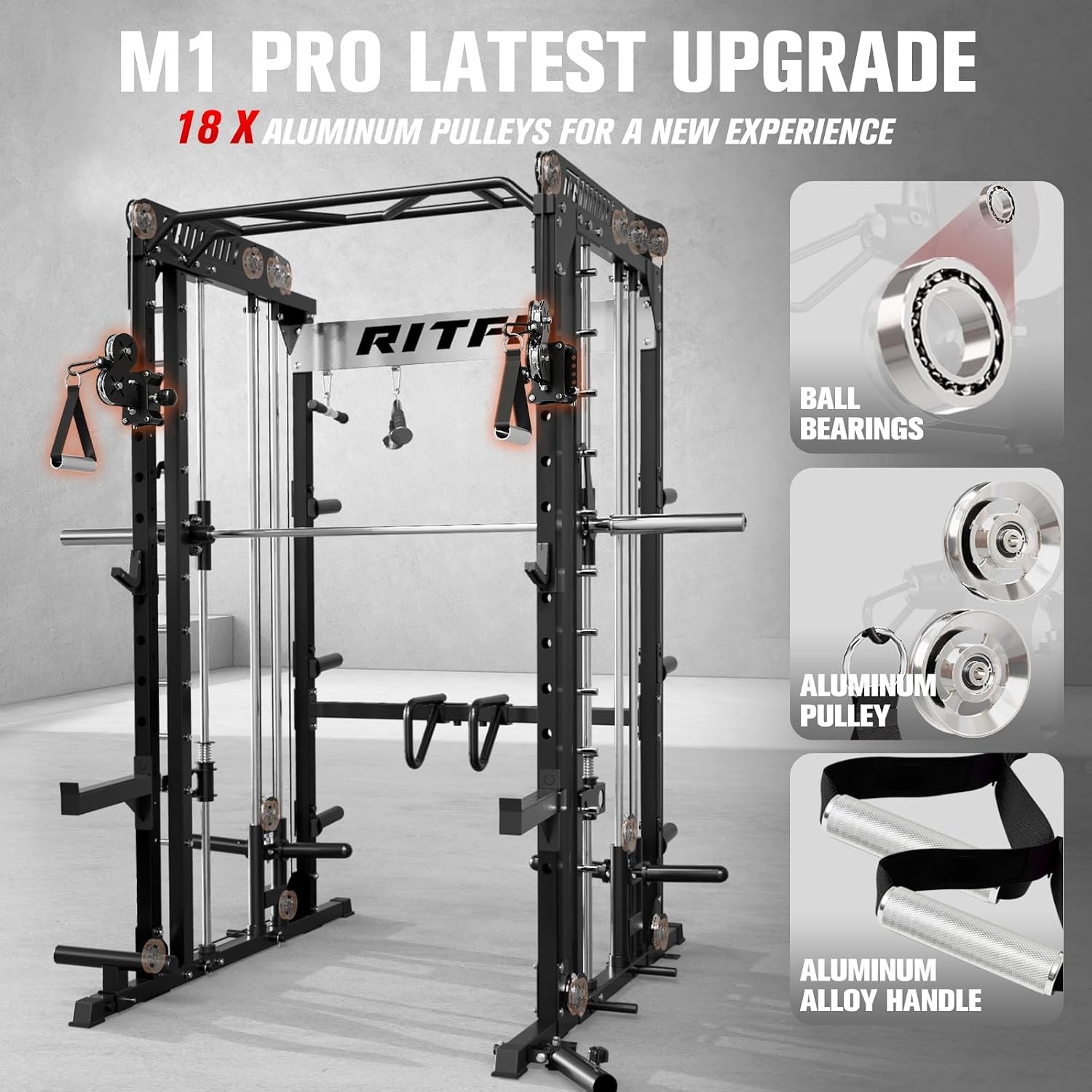 image:imageRitFit M1 Pro Smith Machine with Cable Crossover System MultiFunction Squat Rack Power Cage for Home Gym Power Rack and PackagesBLACK