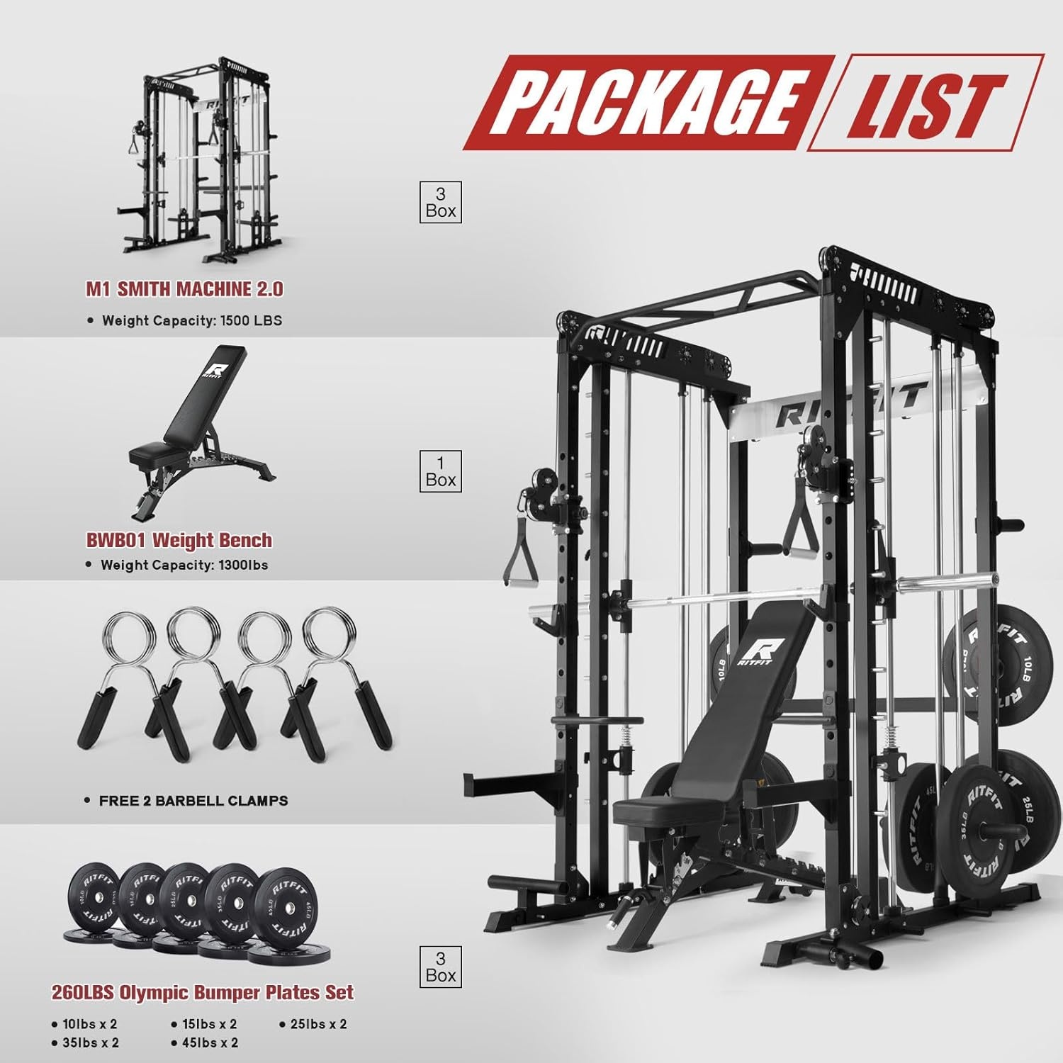 image:imageRitFit M1 Pro Smith Machine with Cable Crossover System MultiFunction Squat Rack Power Cage for Home Gym Power Rack and PackagesBLACK