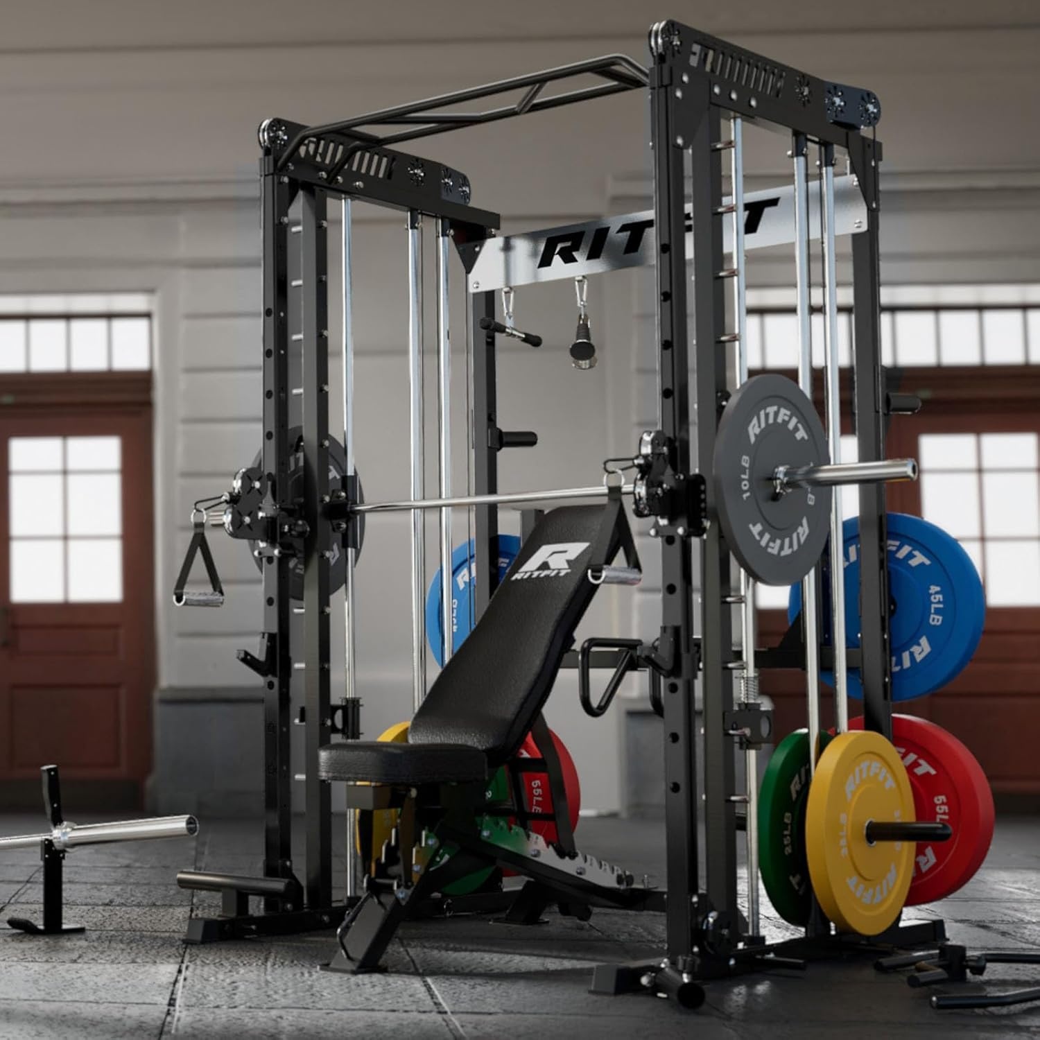 image:imageRitFit M1 Pro Smith Machine with Cable Crossover System MultiFunction Squat Rack Power Cage for Home Gym Power Rack and PackagesBLACK