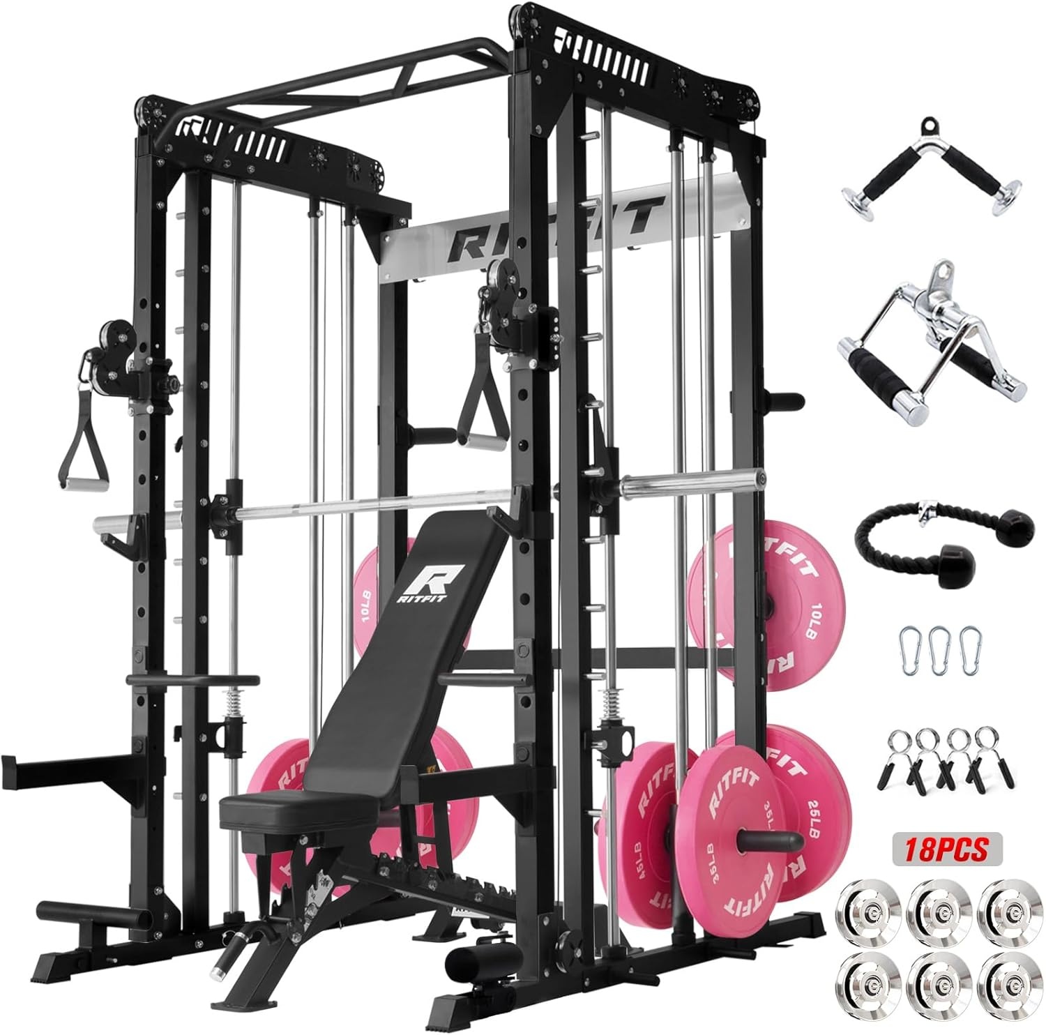 image:imageRitFit M1 Pro Smith Machine with Cable Crossover System MultiFunction Squat Rack Power Cage for Home Gym Power Rack and PackagesBLACK